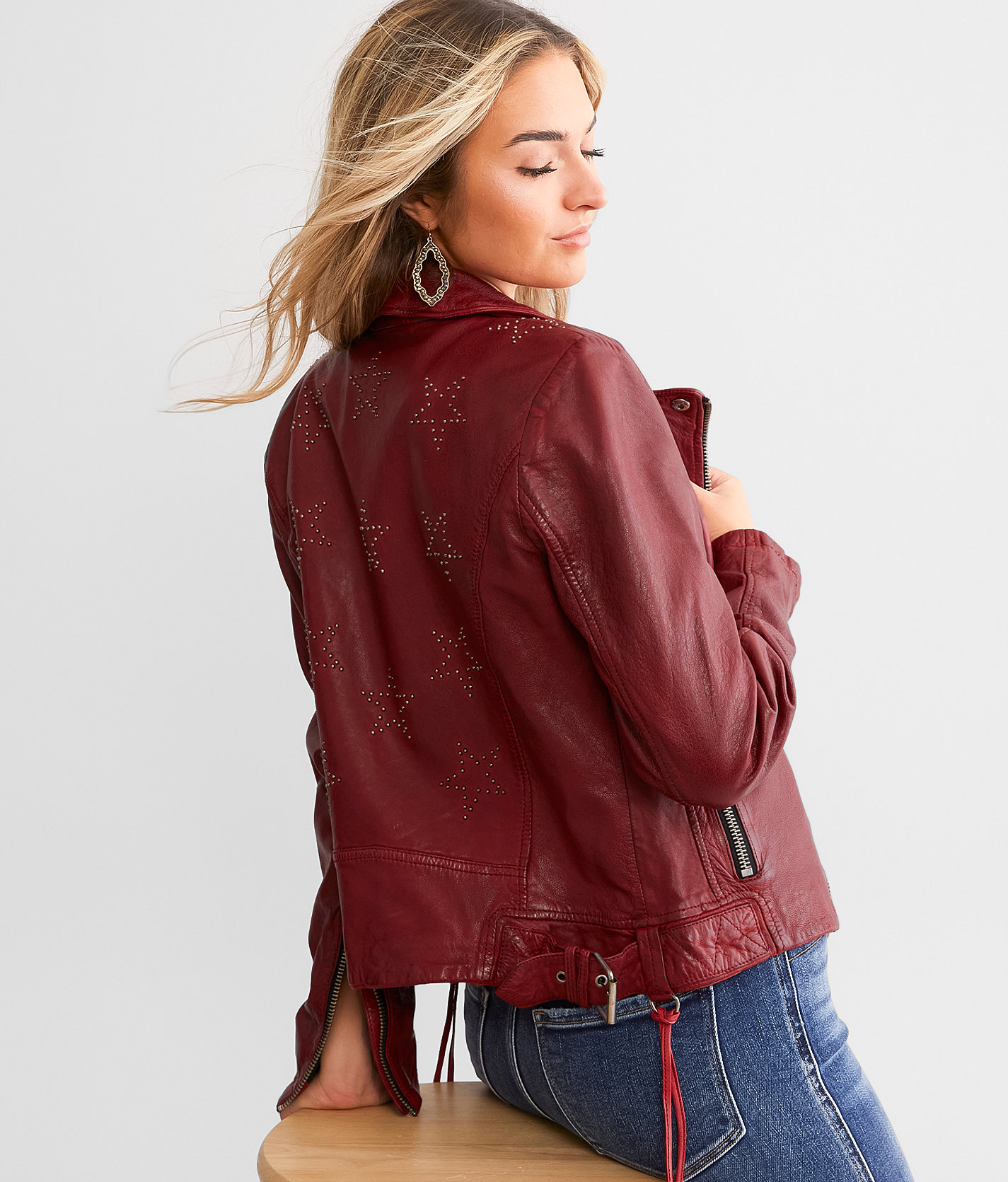 Mauritius Wani Star Studded Leather Jacket - Women's Coats & Jackets in Red