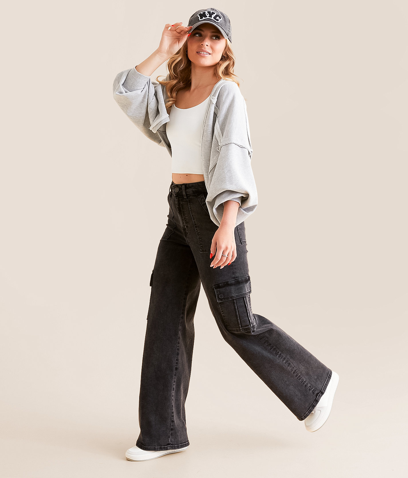 HIDDEN Nori Cargo Wide Leg Stretch Jean - Women's Jeans in Charcoal