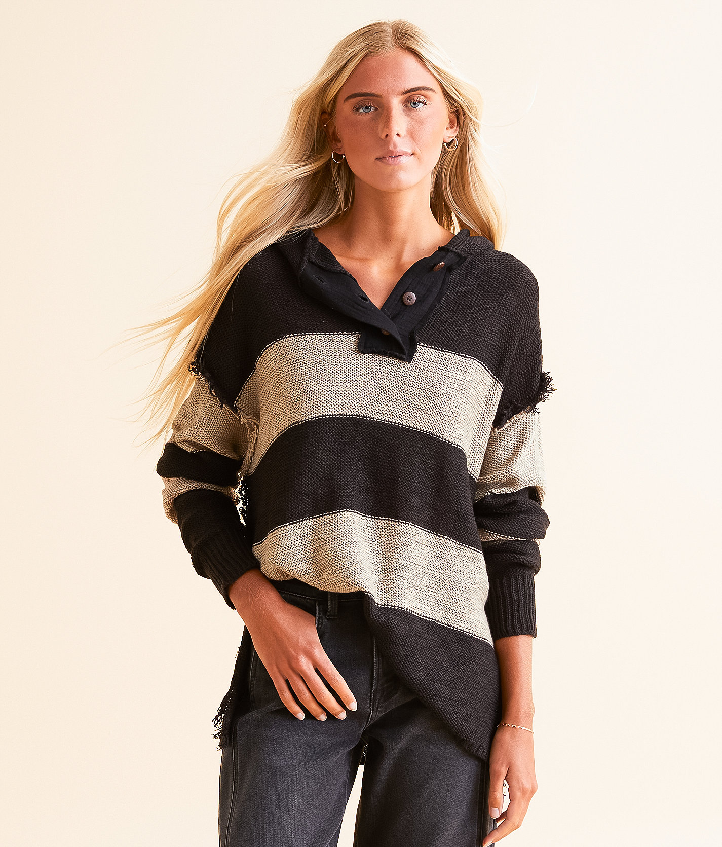 BKE Hooded Henley Sweater - Women's Sweaters in Black Taupe