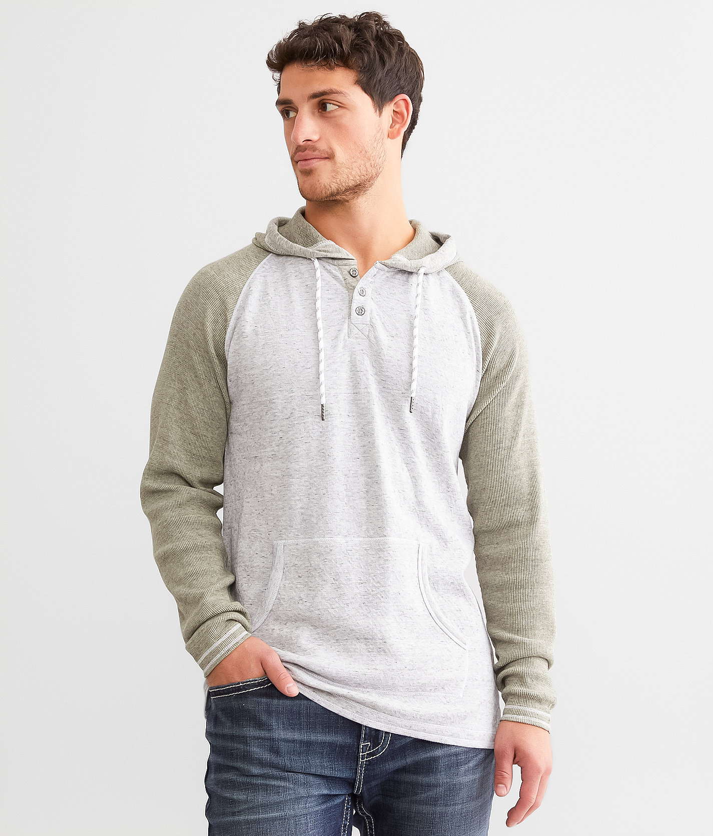 BKE Raglan Sleeve Henley Hoodie - Men's Sweatshirts in Olive Night