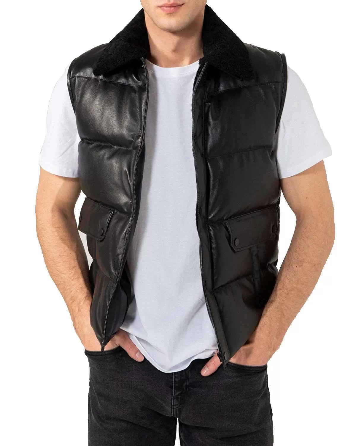 Men's Leather Sleeveless Puffer with Fur - 100% Lambskin