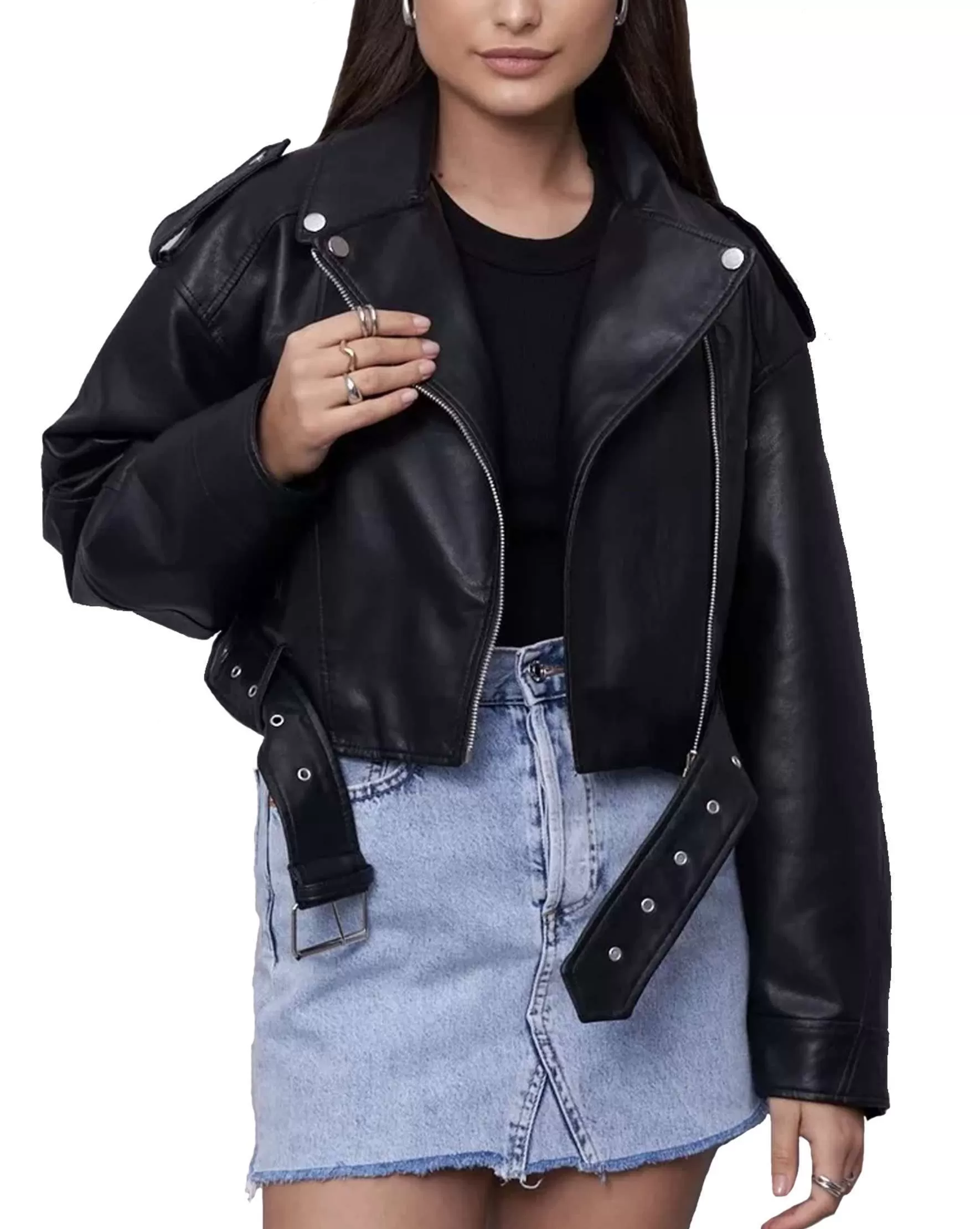 Women's Cropped Leather Biker Jacket
