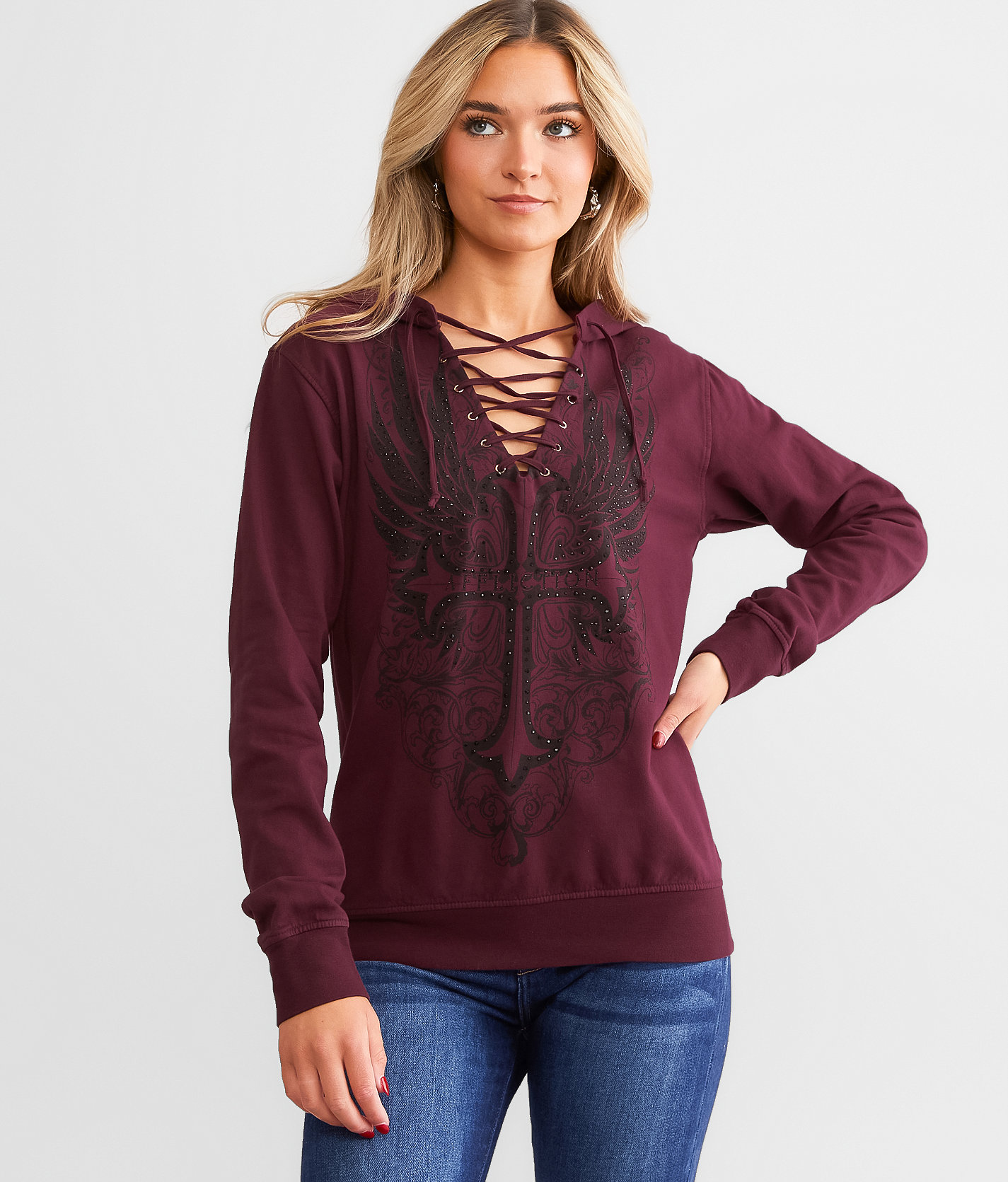 Affliction Free Lace-Up Hooded Sweatshirt - Women's Sweatshirts in Fig