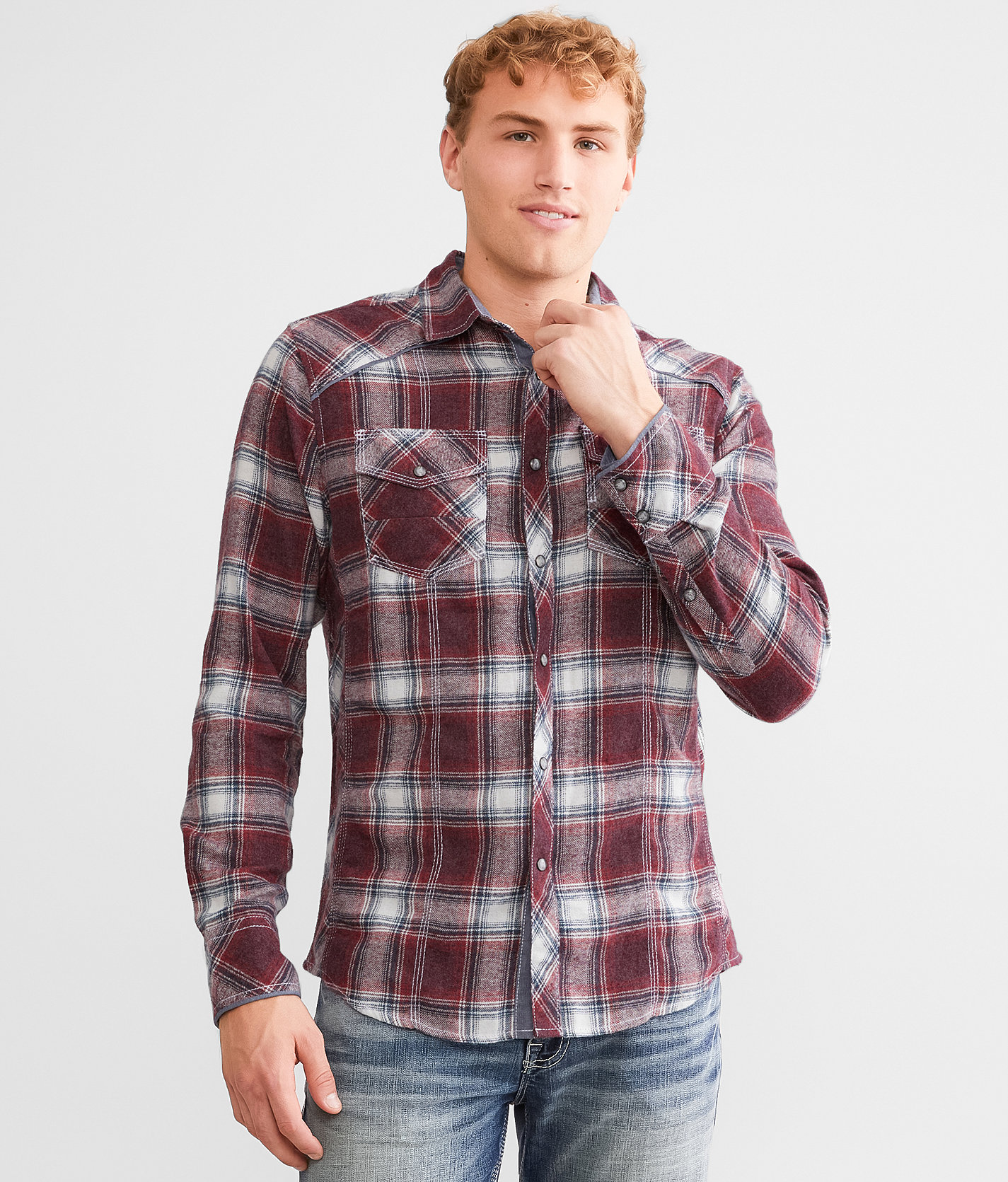 BKE Plaid Standard Shirt - Men's Shirts in White Red Burgundy
