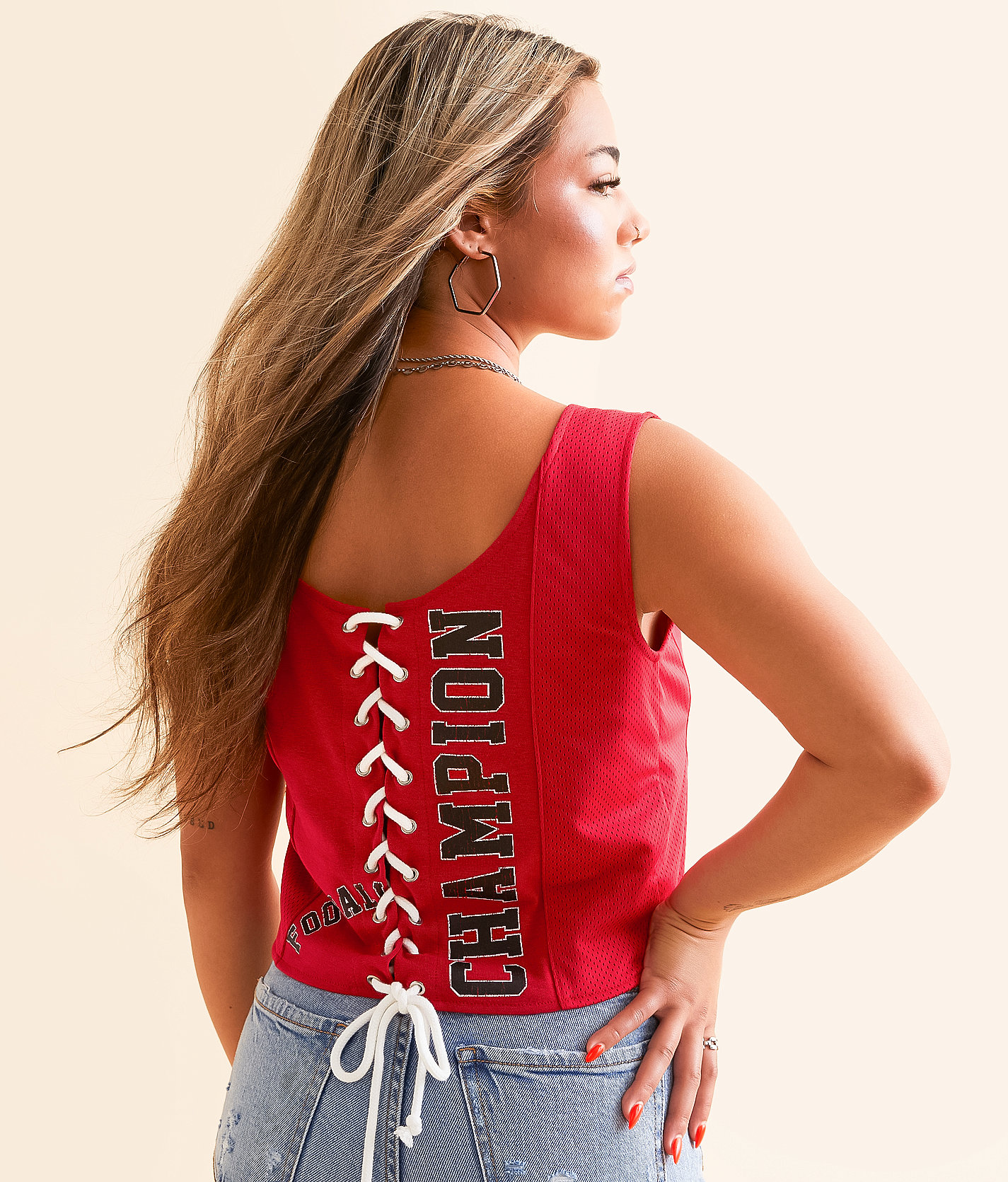 Goodie Two Sleeves Football Champion Back Tie Tank Top - Women's Tank Tops in Chili Pepper