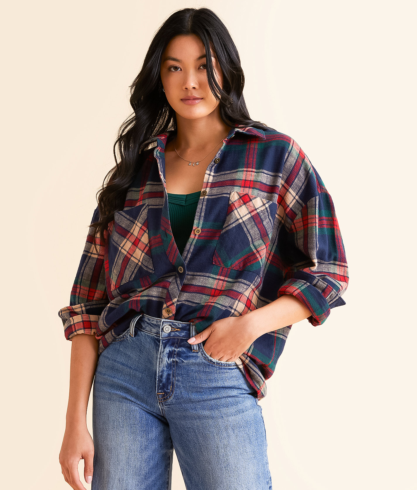 Modish Rebel Plaid Boyfriend Shirt - Women's Shirts & Blouses in Navy Multi