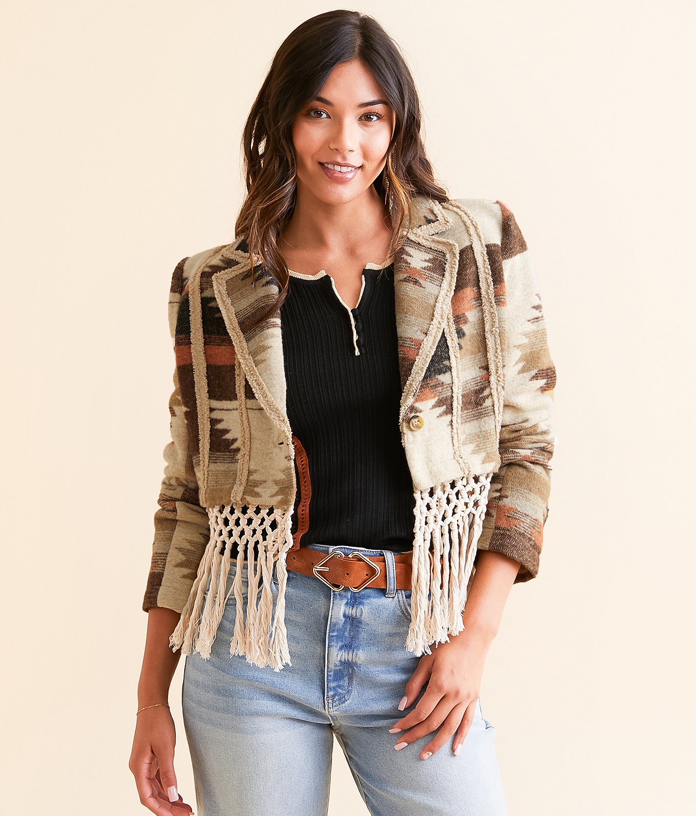 Miss Me Aztec Macrame Fringe Cropped Blazer - Women's Coats & Jackets in Multi Beige