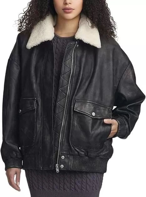 Women's Fur Colar Oversized 100% Lambskin Leather Jacket