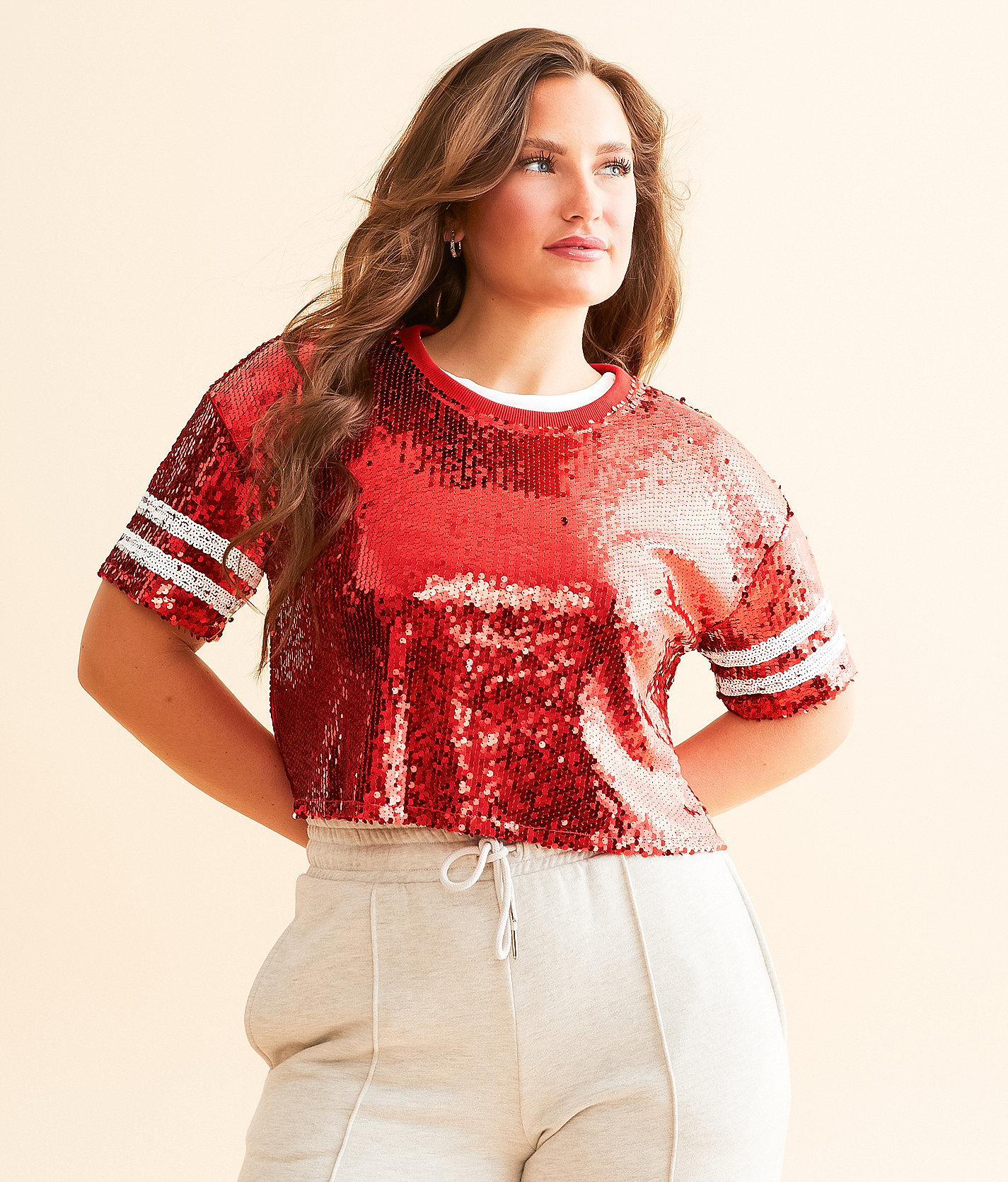 DH Apparel Varsity Sequin Cropped Top - Women's Shirts & Blouses in Crimson Red
