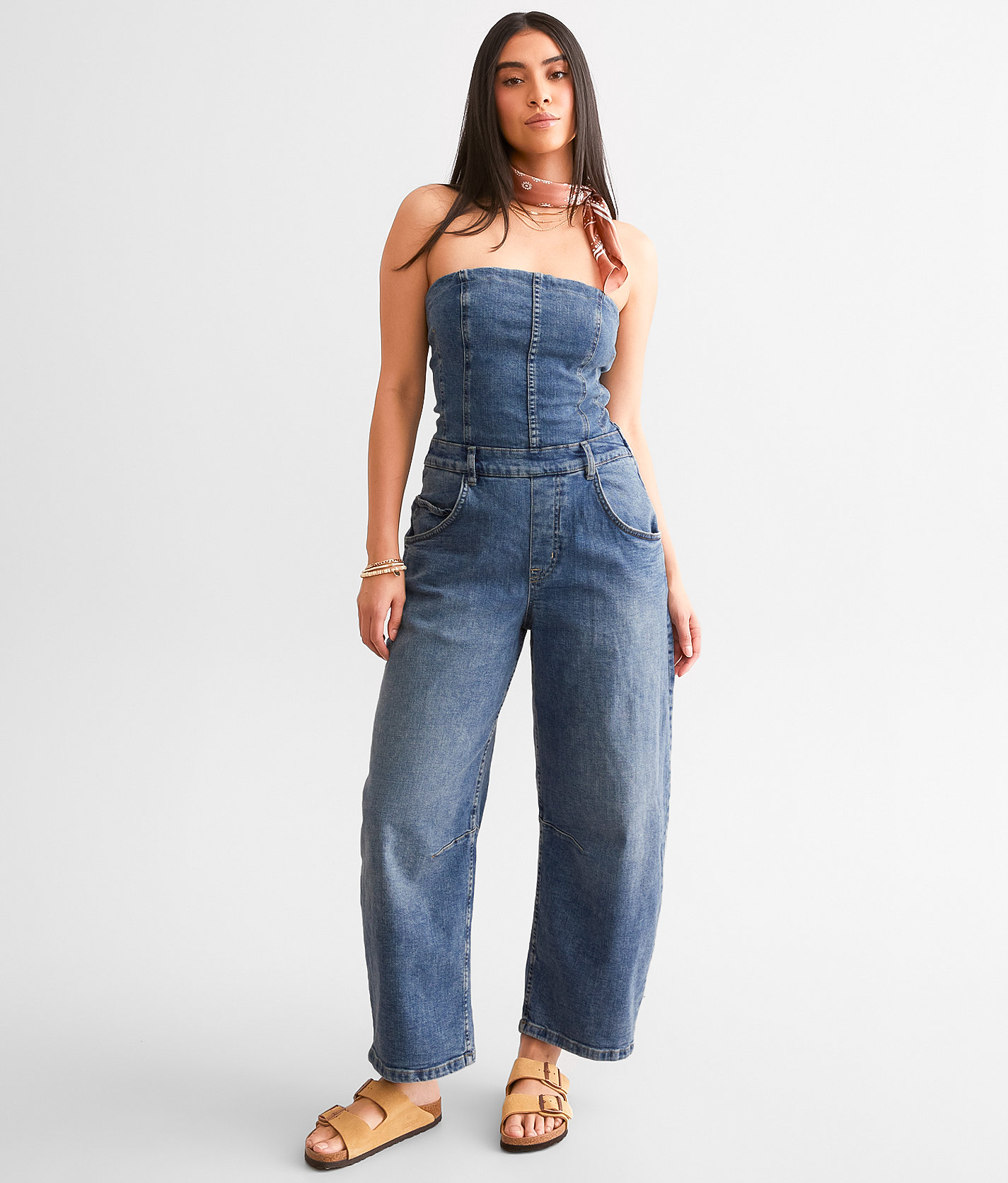 Free People We The People Je Suis Pret Denim Barrel Jumpsuit - Women's Rompers & Jumpsuits in Petit Blue