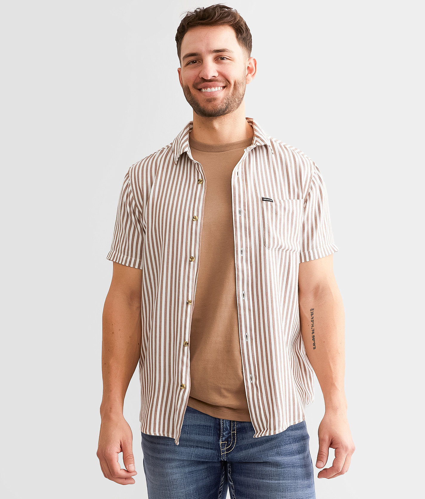 Brixton Charter Herringbone Shirt - Men's Shirts in Off White Bison