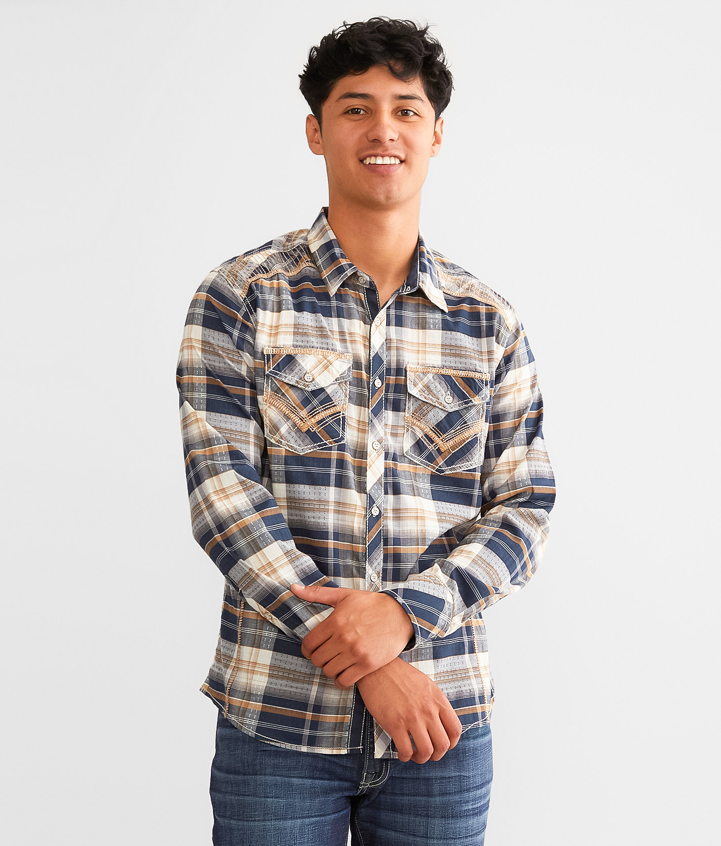 Buckle Black Plaid Standard Stretch Shirt - Men's Shirts in Navy Tobacco
