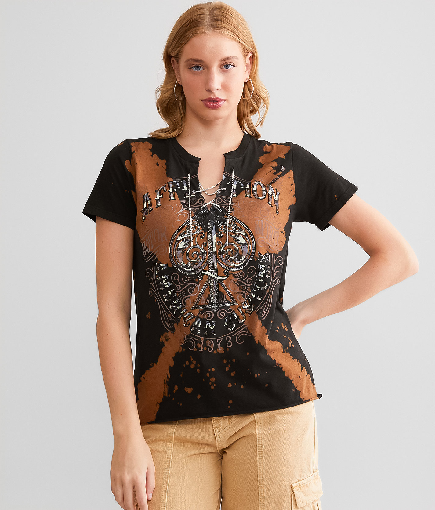 Affliction American Customs Death Spade T-Shirt - Women's T-Shirts in Black Lava Bleach Splatte