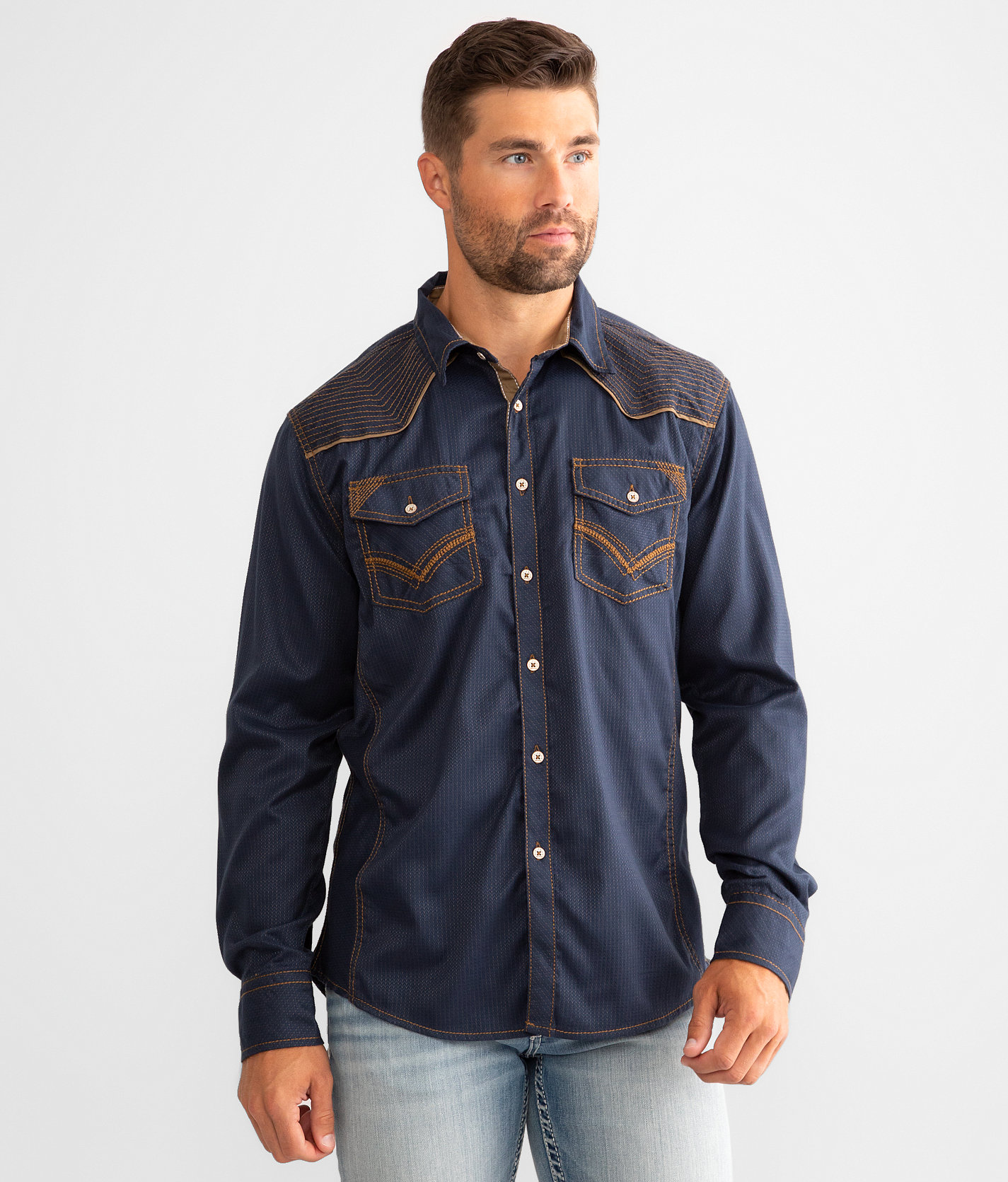 Buckle Black Embroidered Athletic Stretch Shirt - Men's Shirts in Navy Tobacco