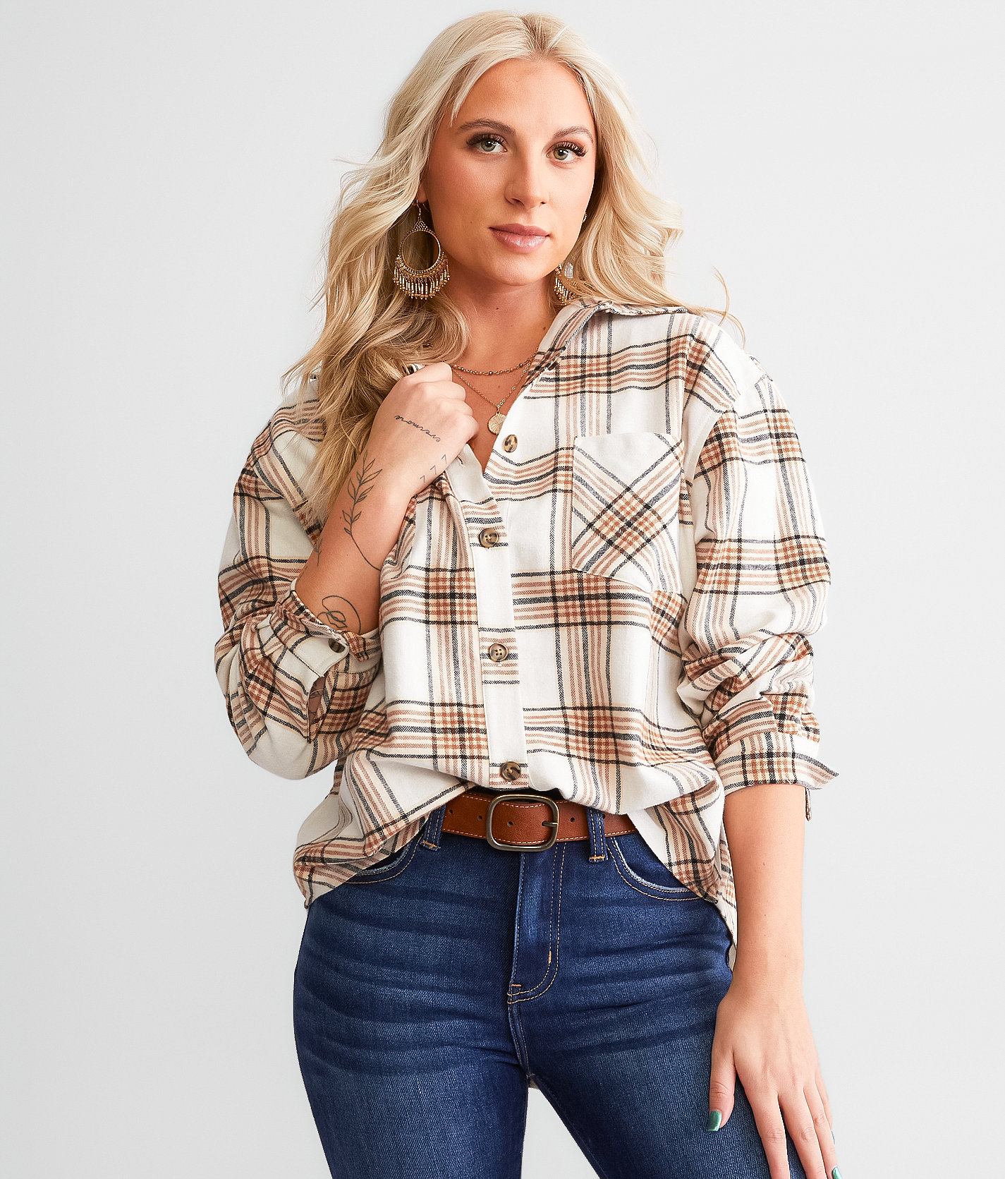 BKE Boyfriend Flannel Shirt - Women's Shirts & Blouses in Cream