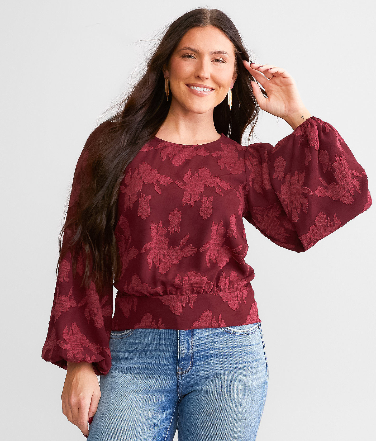 Daytrip Floral Jacquard Top - Women's Shirts & Blouses in Burgundy