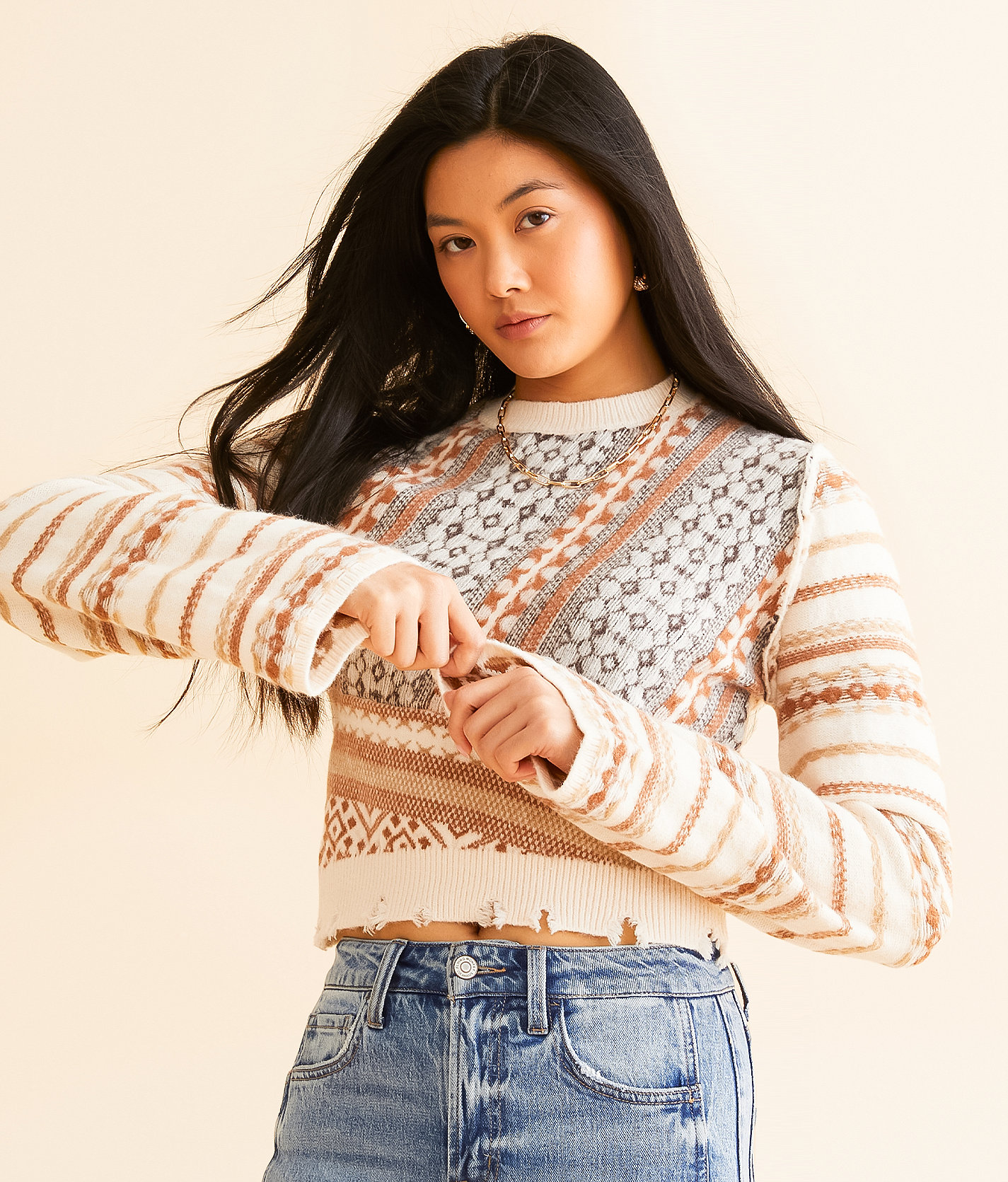 Gilded Intent Destructed Mixed Print Sweater - Women's Sweaters in Cream Rust
