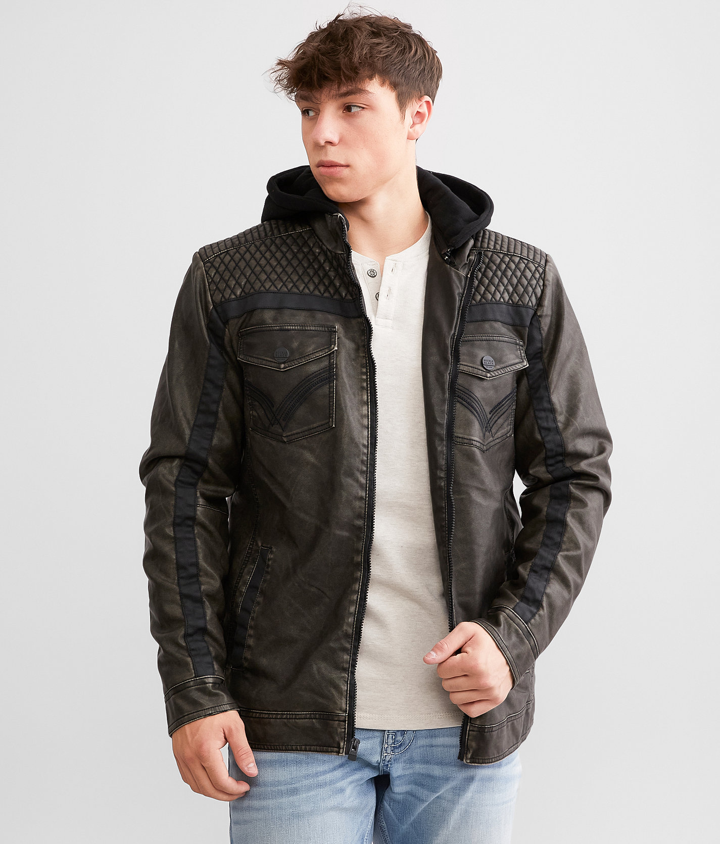 Buckle Black Washed Faux Leather Hooded Jacket - Men's Coats & Jackets in Grey