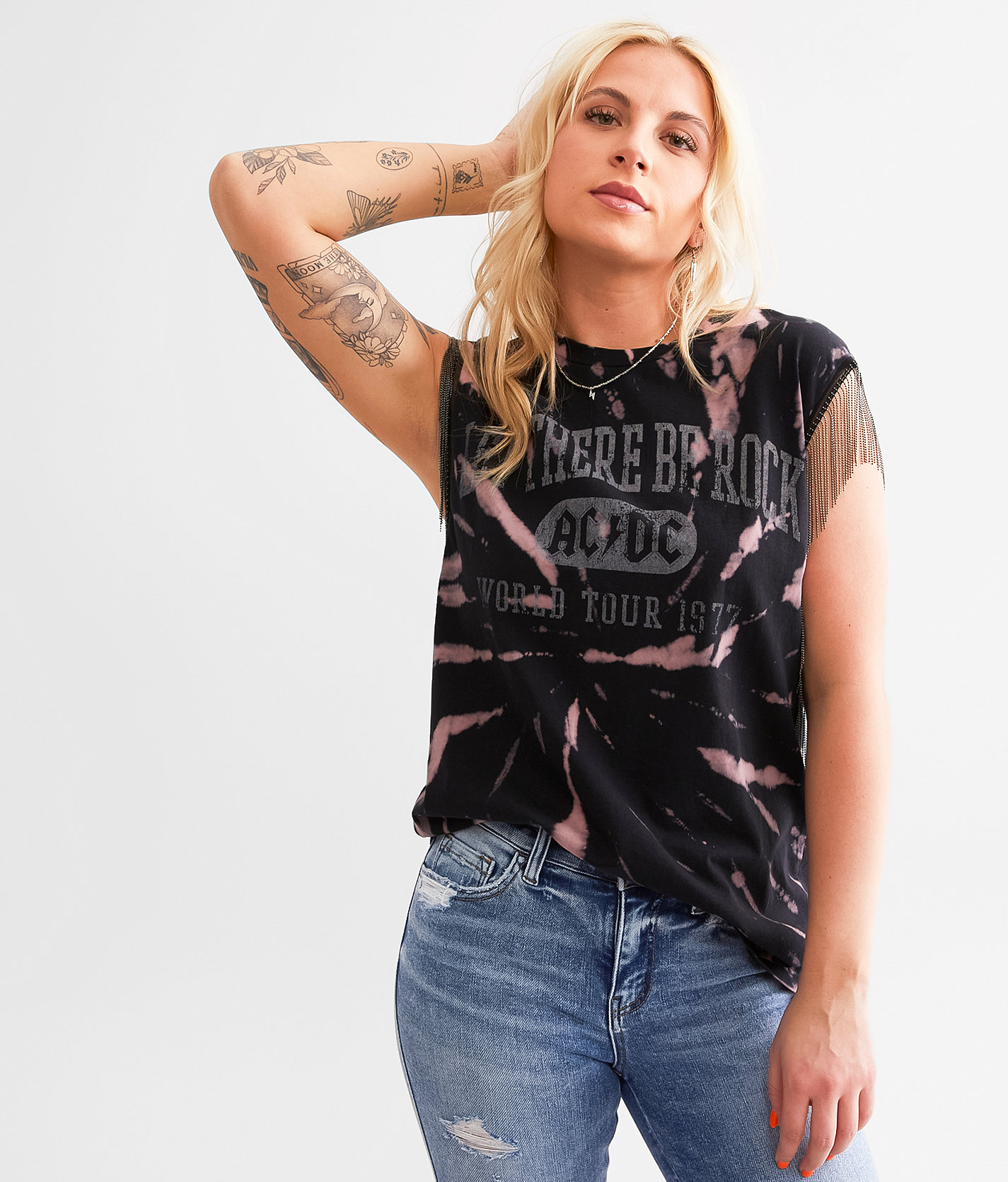 Goodie Two Sleeves AC/DC Chain Fringe Band Tank Top - Women's Tank Tops in Black Nostalgia Rose