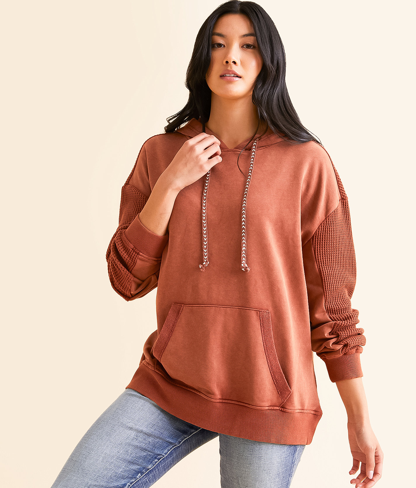 BKE Pieced Waffle Knit Hooded Sweatshirt - Women's Sweatshirts in Spiced Apple