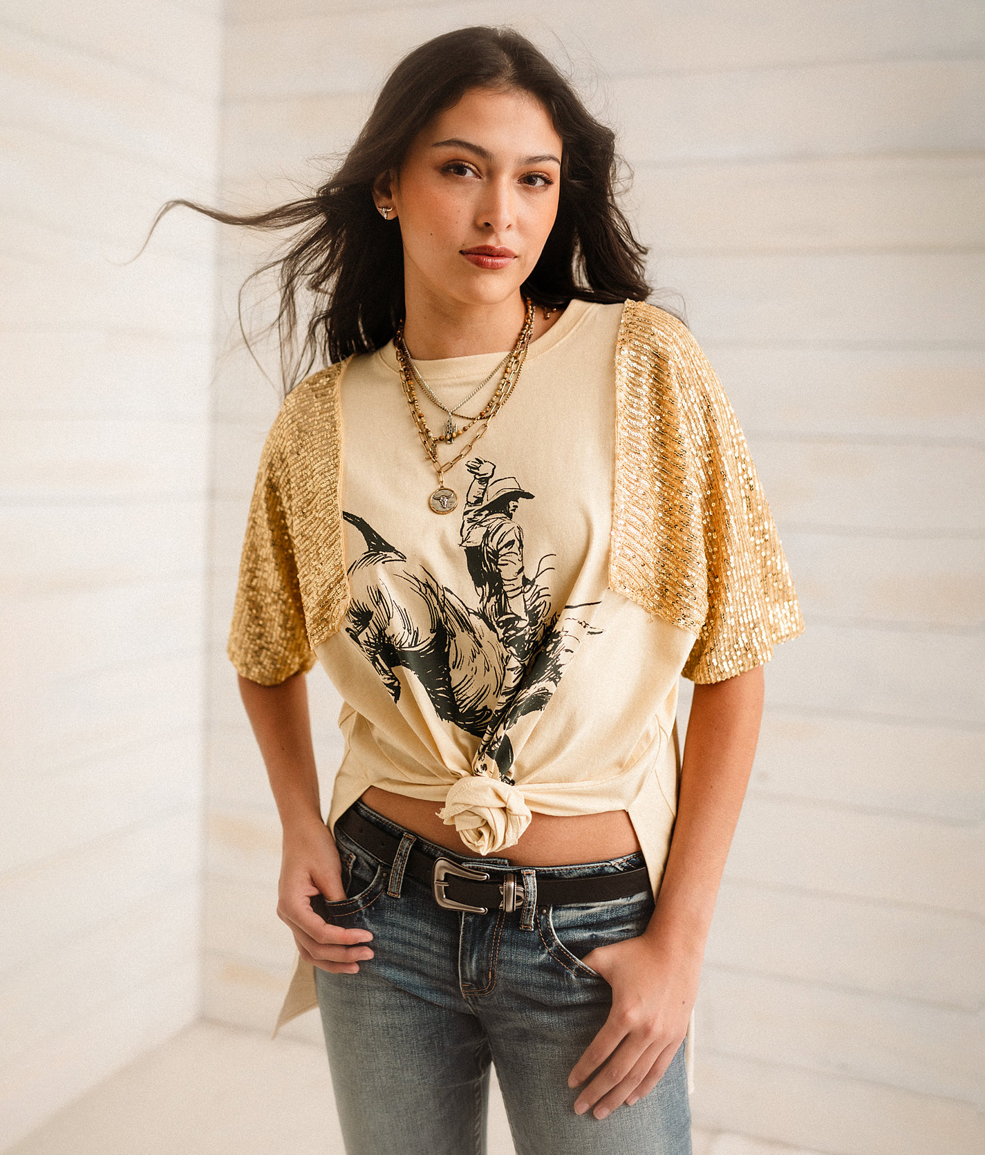 Sterling & Stitch Rodeo Cowboy Sequin T-Shirt - Women's T-Shirts in Biscotti