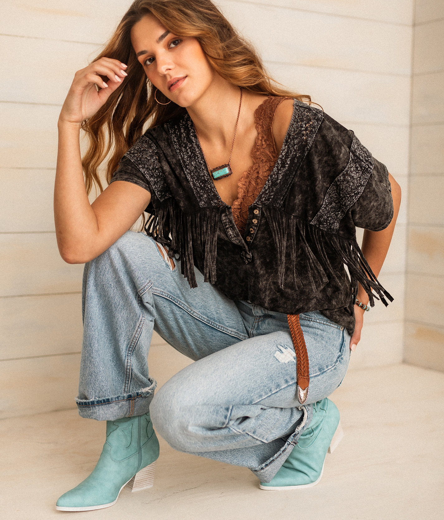 Sterling & Stitch Washed Fringe Henley - Women's Shirts & Blouses in Washed Black