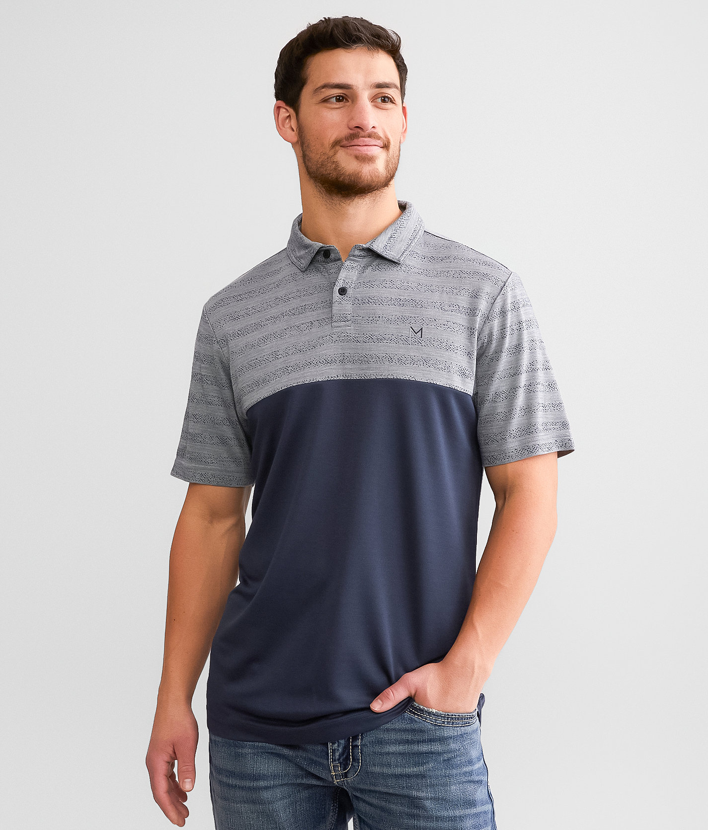 Maven Co-op Striped Performance Polo - Men's Polos in Grey Navy
