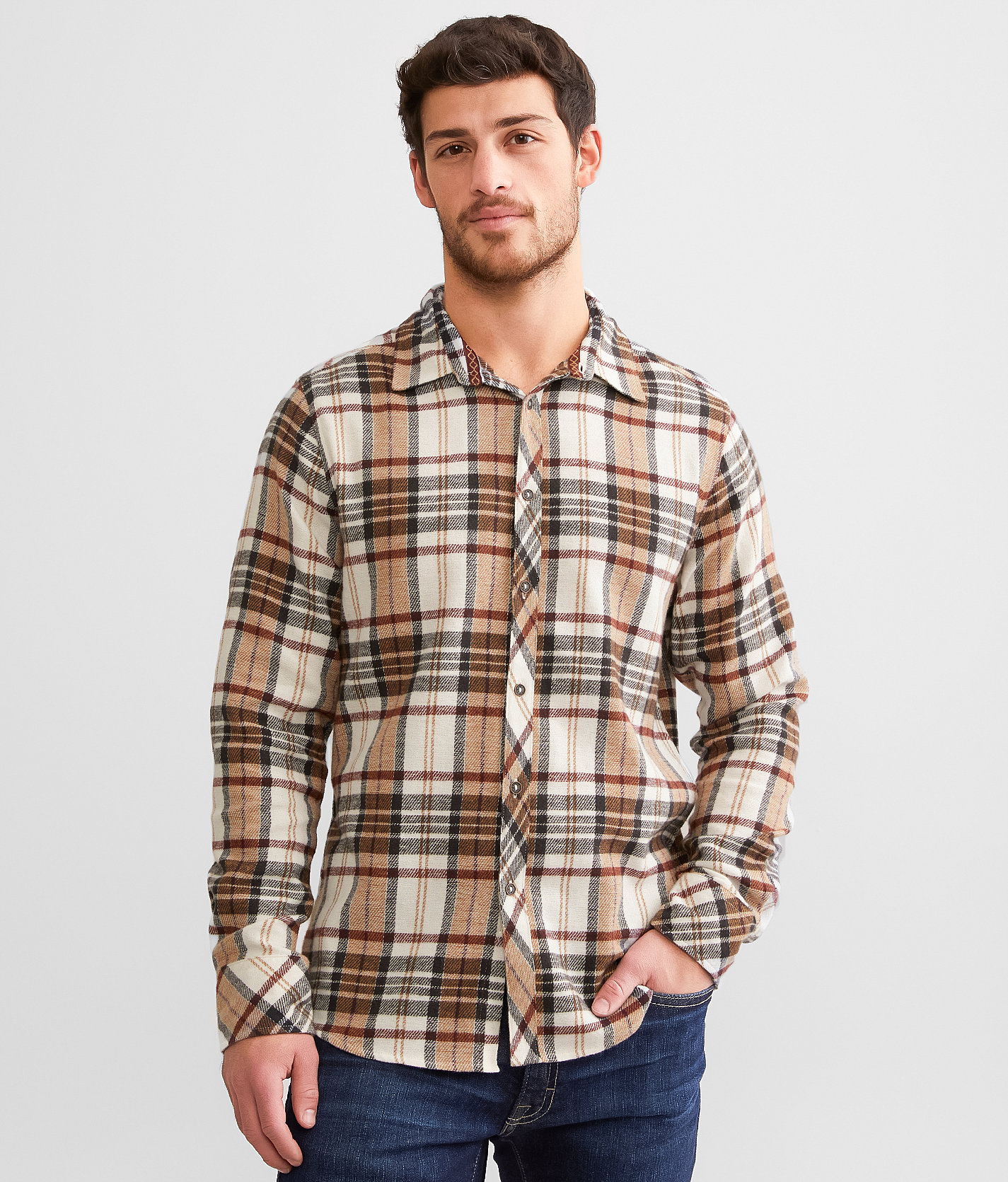 Departwest Brushed Plaid Shirt - Men's Shirts in White Tan Burgundy
