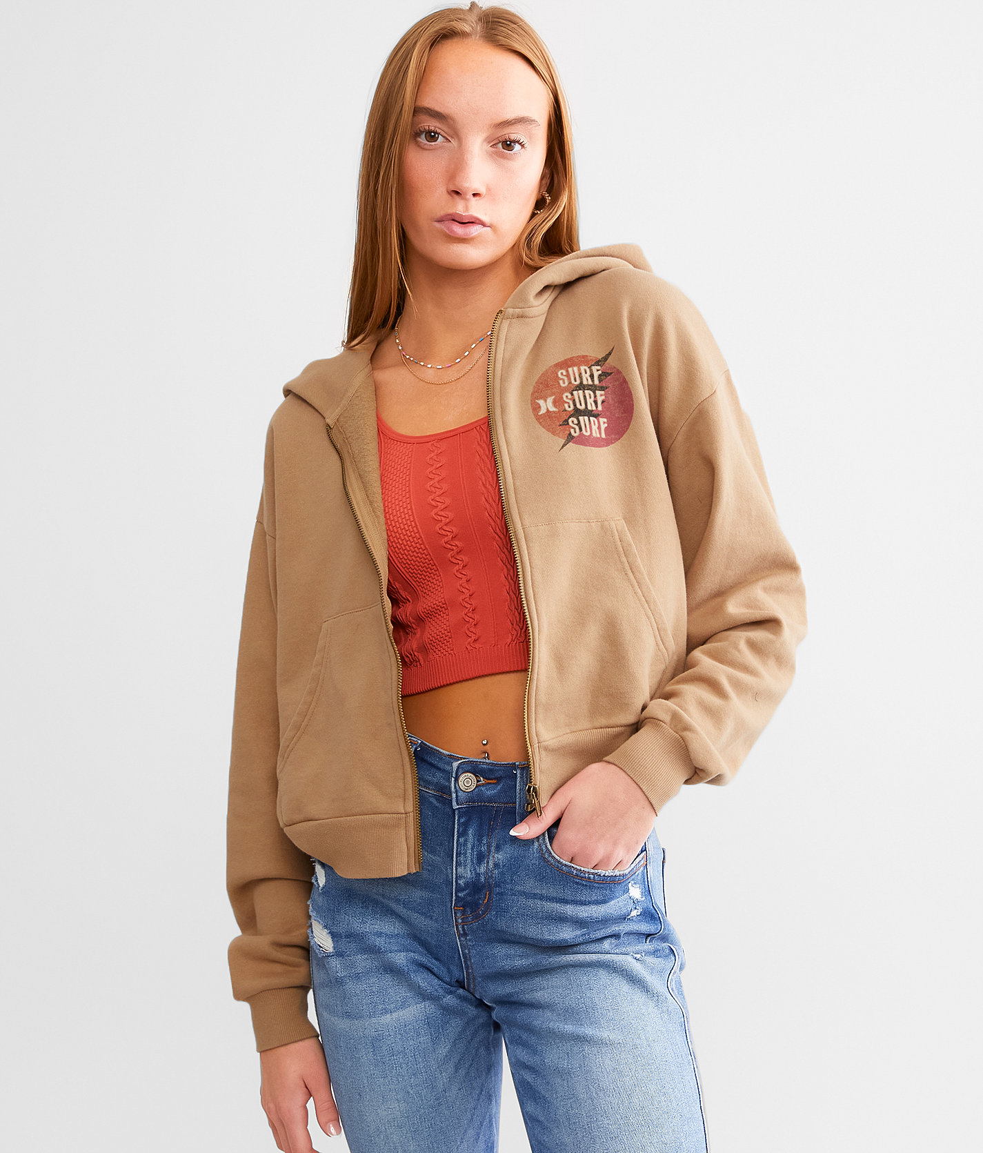 Hurley Surf Queen Cropped Hoodie - Women's Sweatshirts in Tan