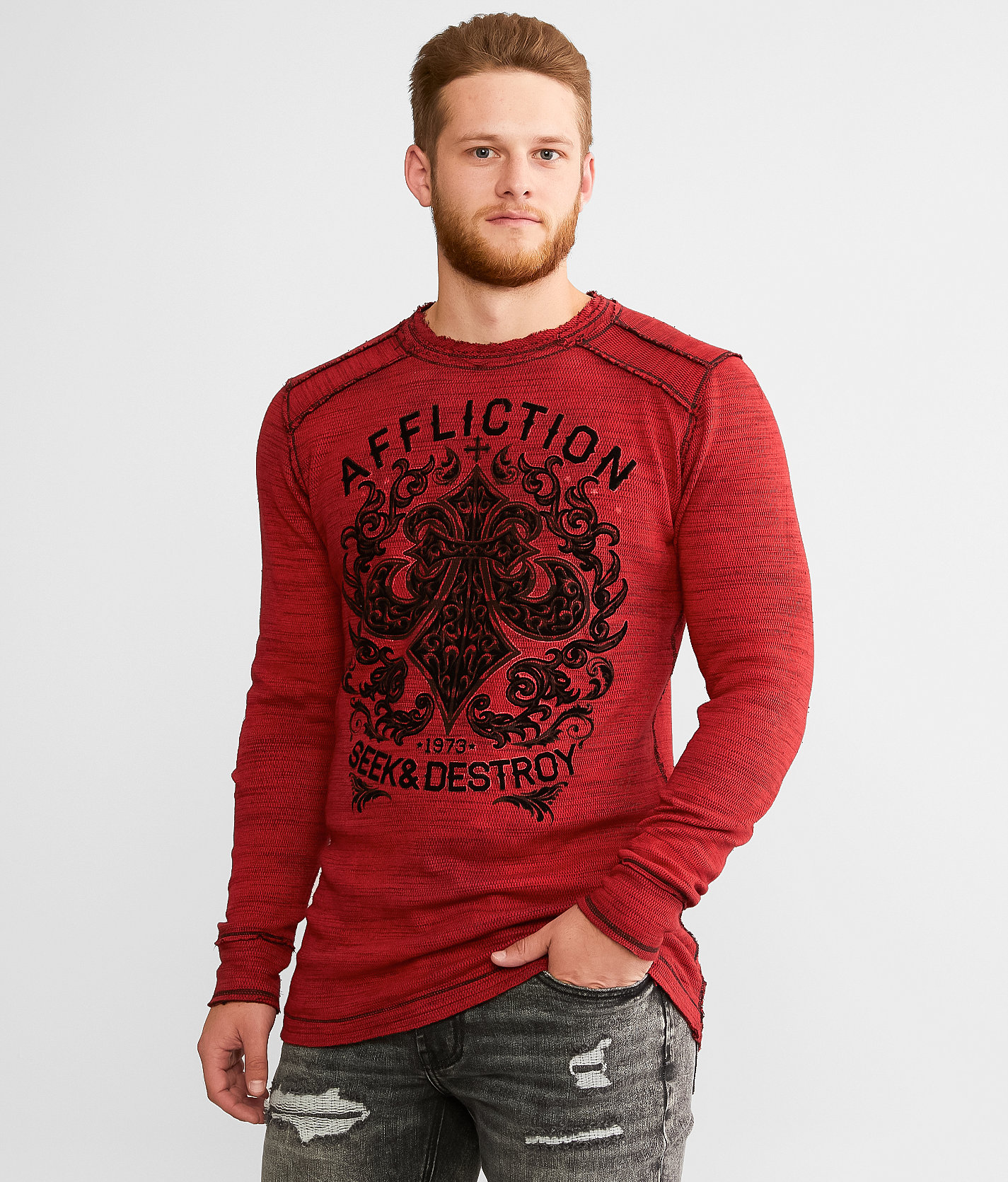 Affliction Signify Reversible Thermal - Men's T-Shirts in Flame Scarlet Bk Crys Wsh