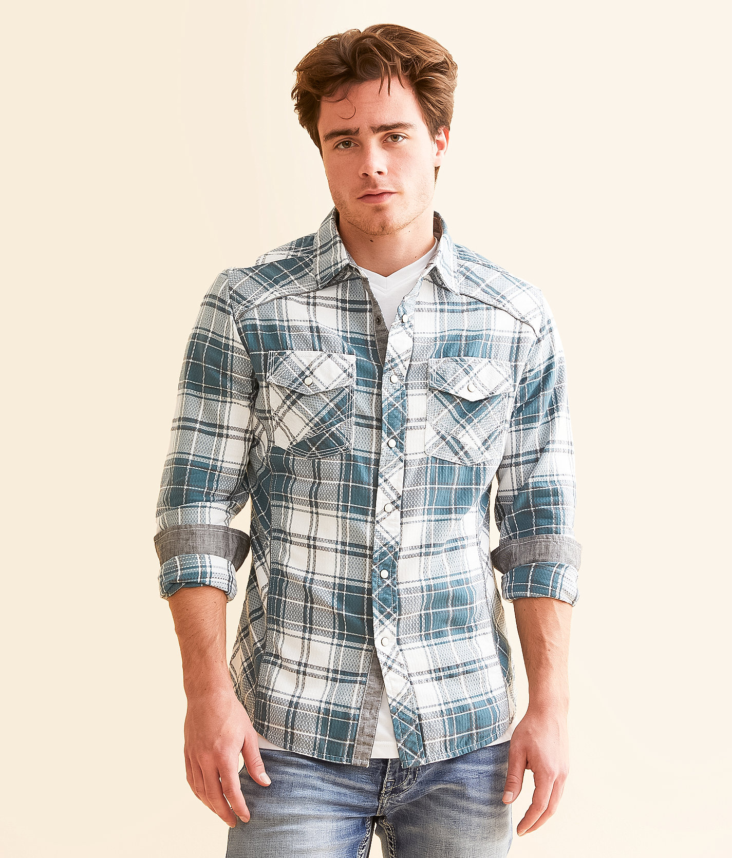 BKE Plaid Tailored Shirt - Men's Shirts in White Teal