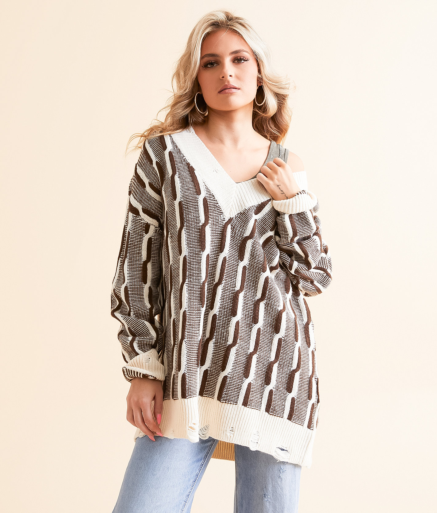 Gilded Intent Oversized Cable Tunic Sweater - Women's Sweaters in Brown and Cream