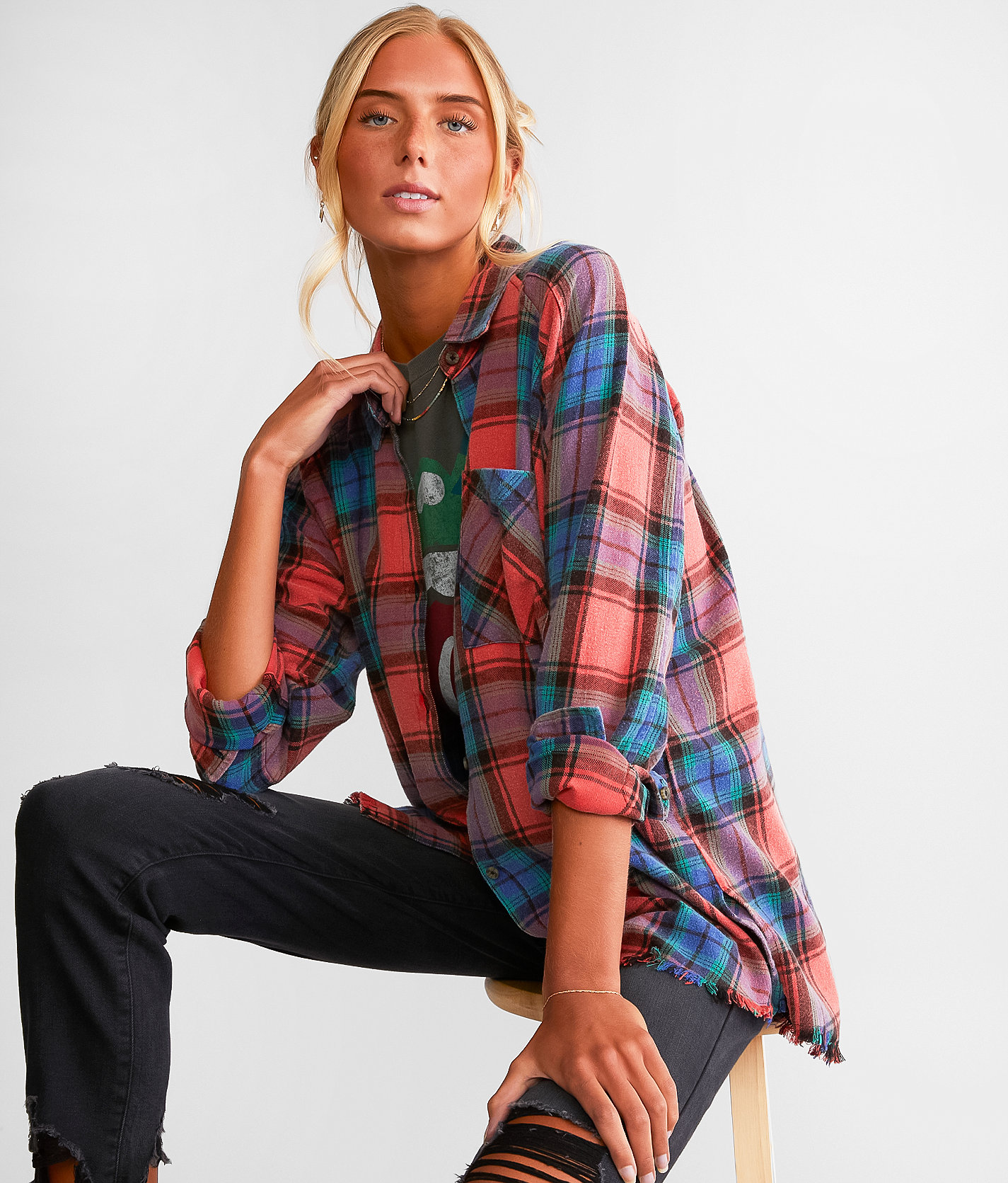 Gilded Intent Plaid Boyfriend Flannel Shirt - Women's Shirts & Blouses in Red