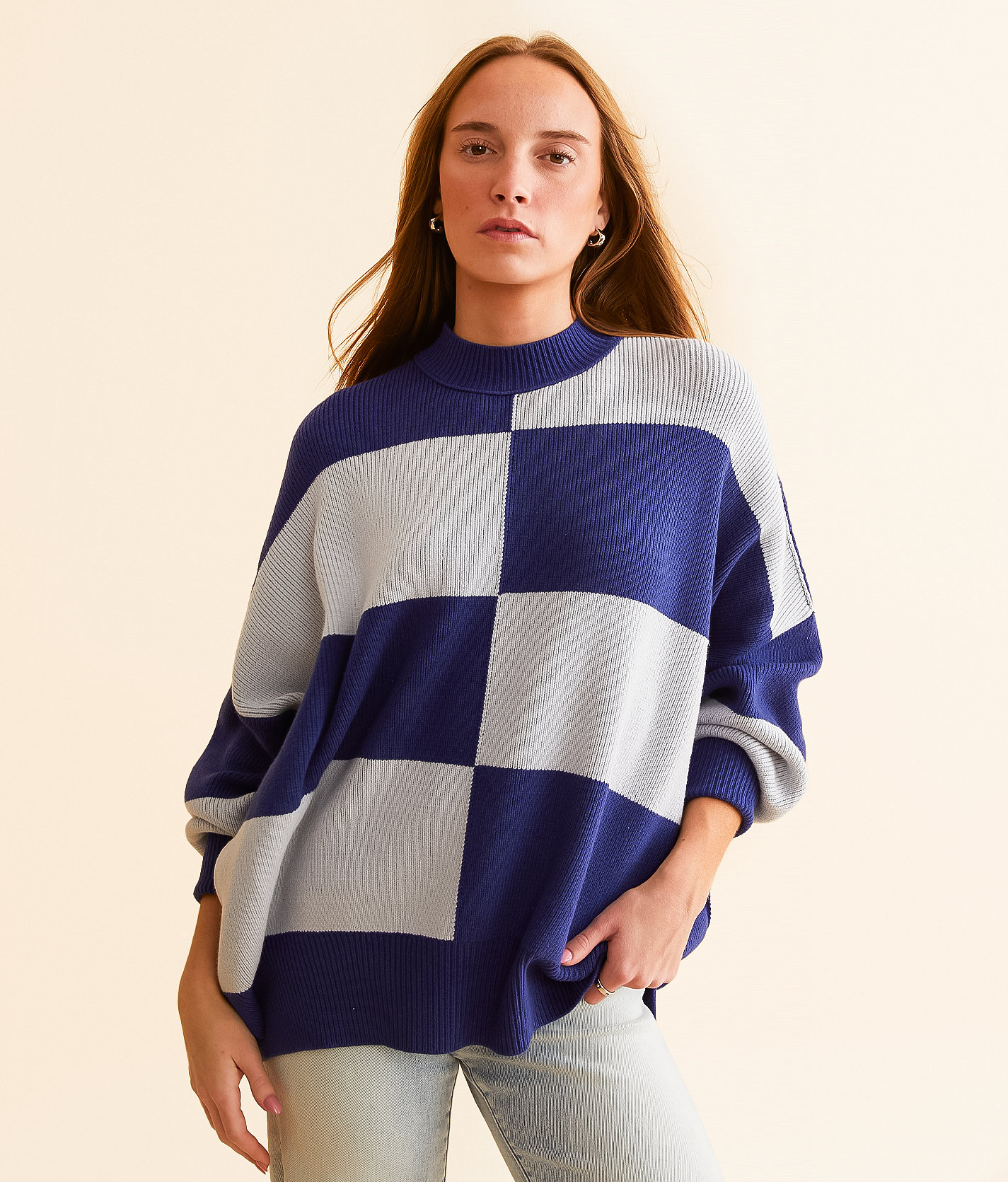 Free People Checker Easy Street Tunic Sweater - Women's Sweaters in Blueprint Combo