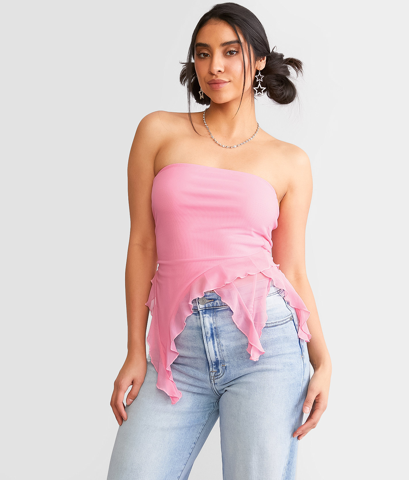 Willow & Root Ruffle Mesh Tube Top - Women's Clothing in Pink