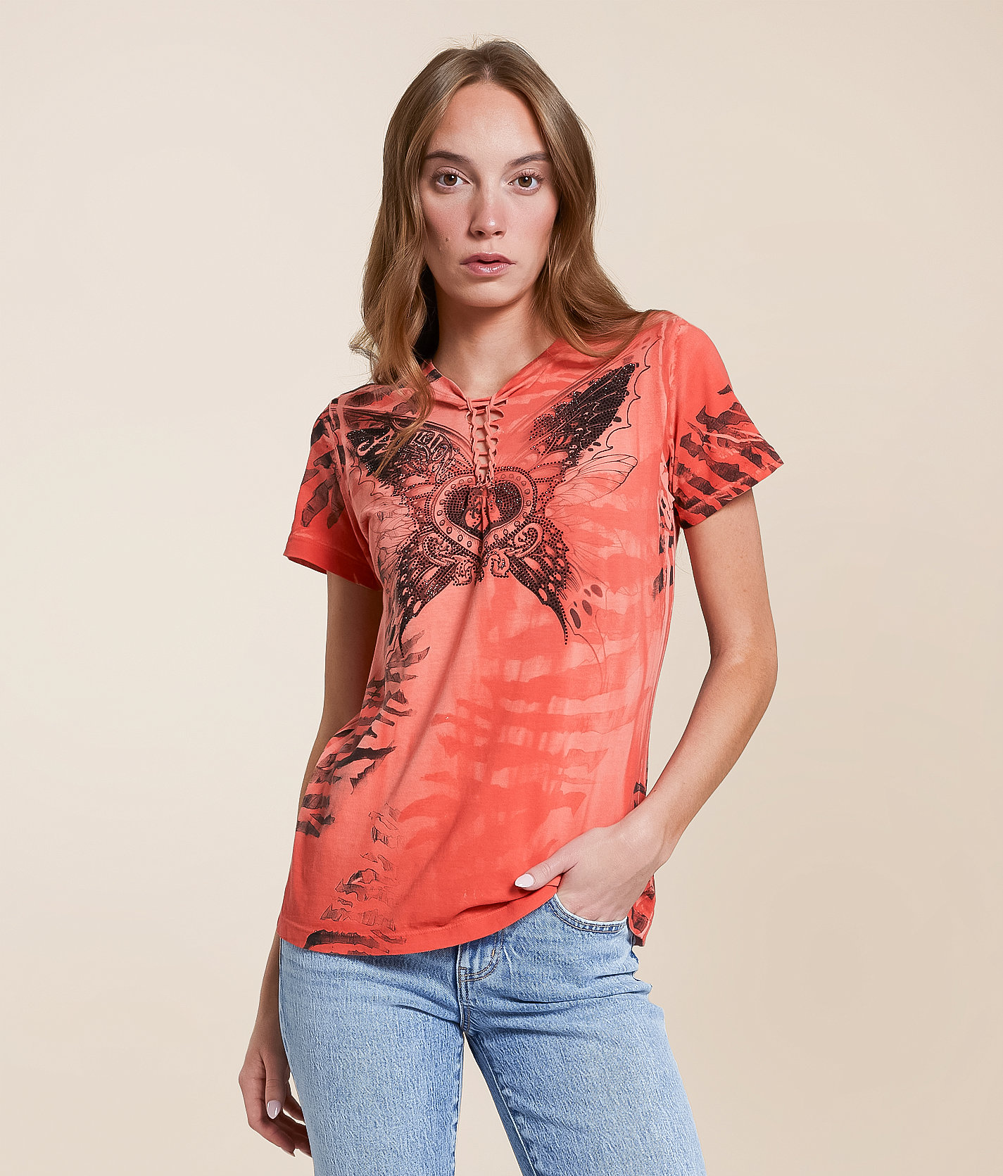 Affliction Chasing Butterflies T-Shirt - Women's T-Shirts in Optic Mango Pigment Dye
