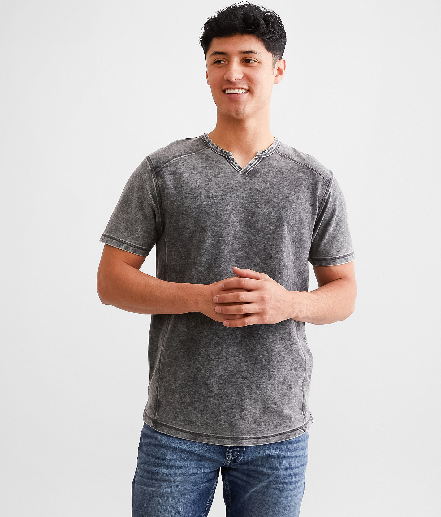 Buckle Black Split Neck T-Shirt - Men's T-Shirts in Washed Black