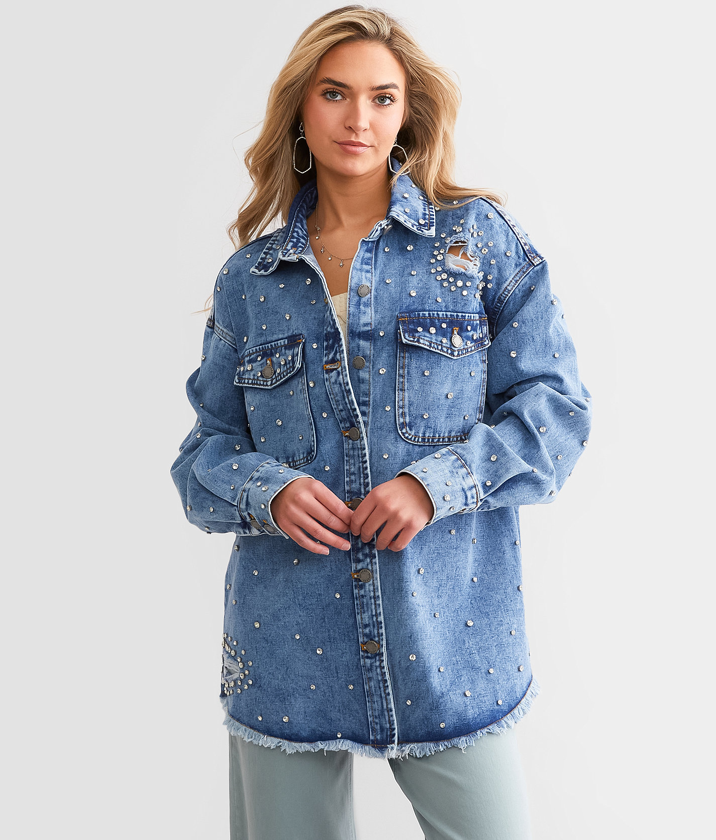 Veveret Rhinestone Denim Jacket - Women's Coats & Jackets in Medium Wash