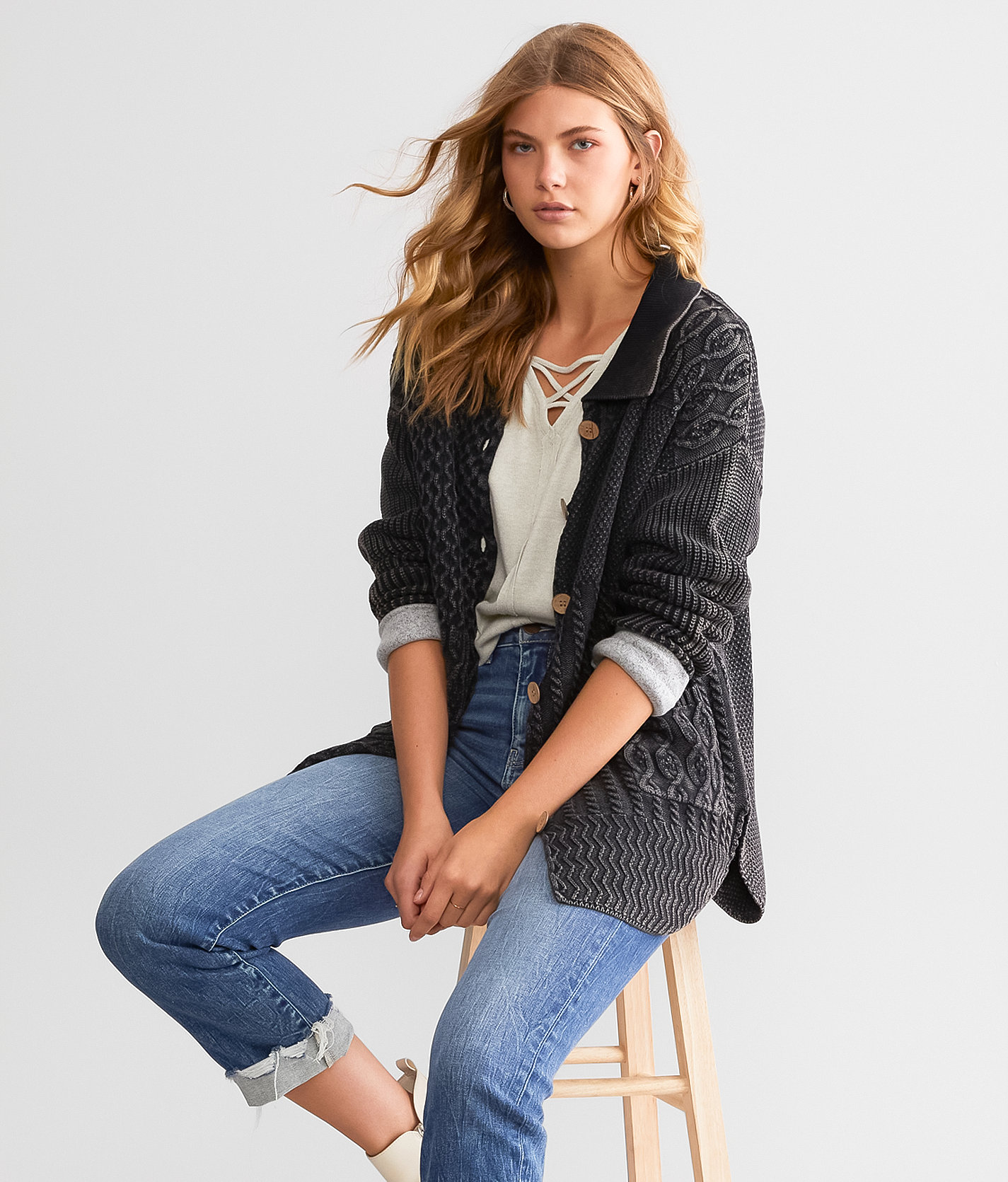 BKE Washed Cable Knit Cardigan Sweater - Women's Sweaters in Washed Black