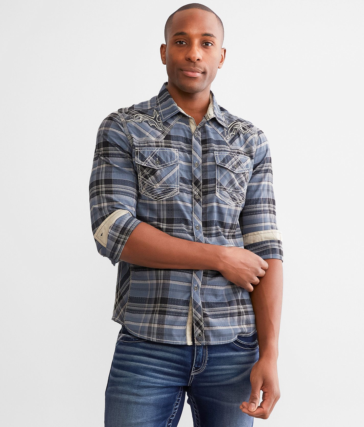Buckle Black Plaid Standard Stretch Shirt - Men's Shirts in Blue Black Cream