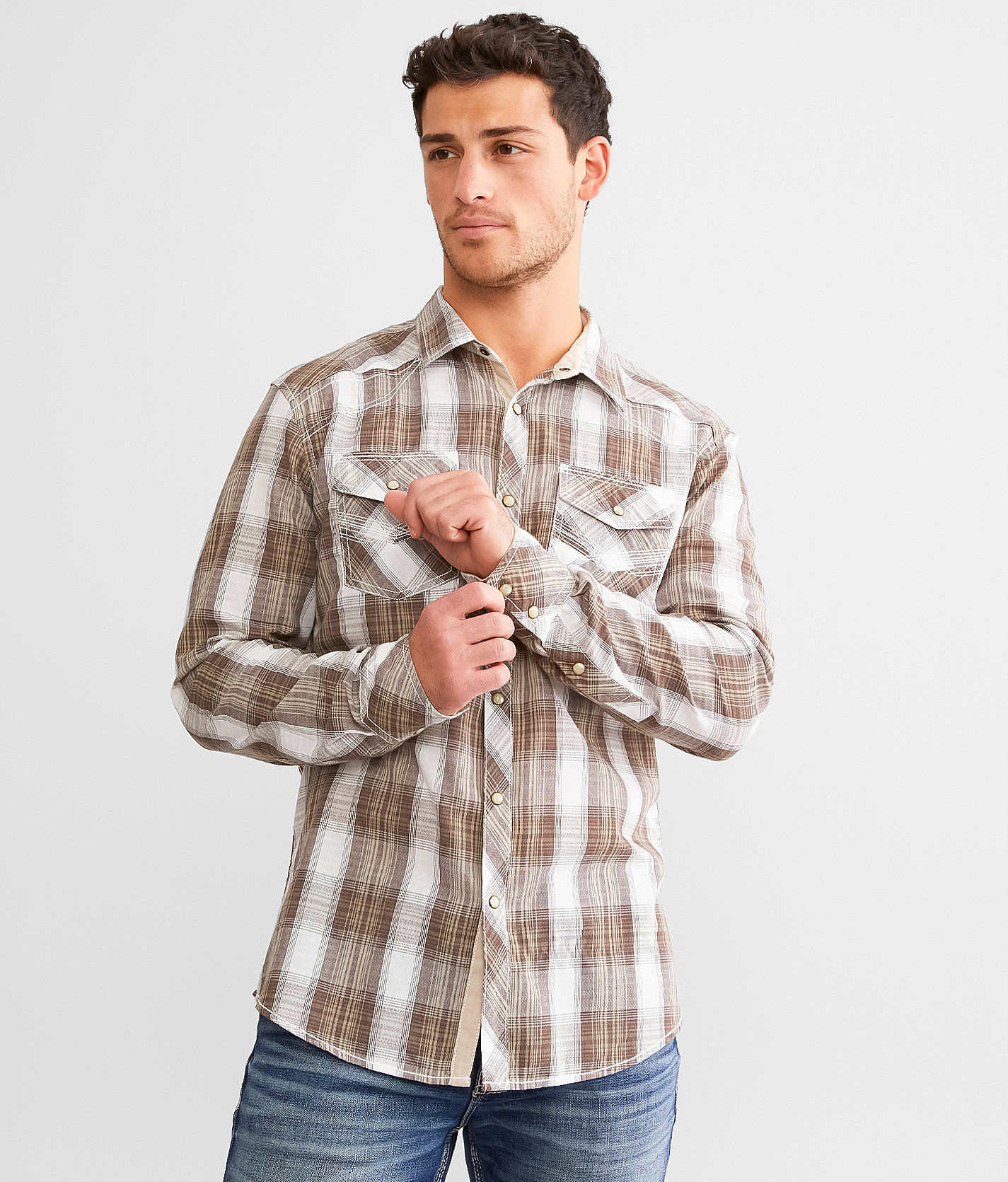 BKE Plaid Athletic Shirt - Men's Shirts in Cream Brown Khaki