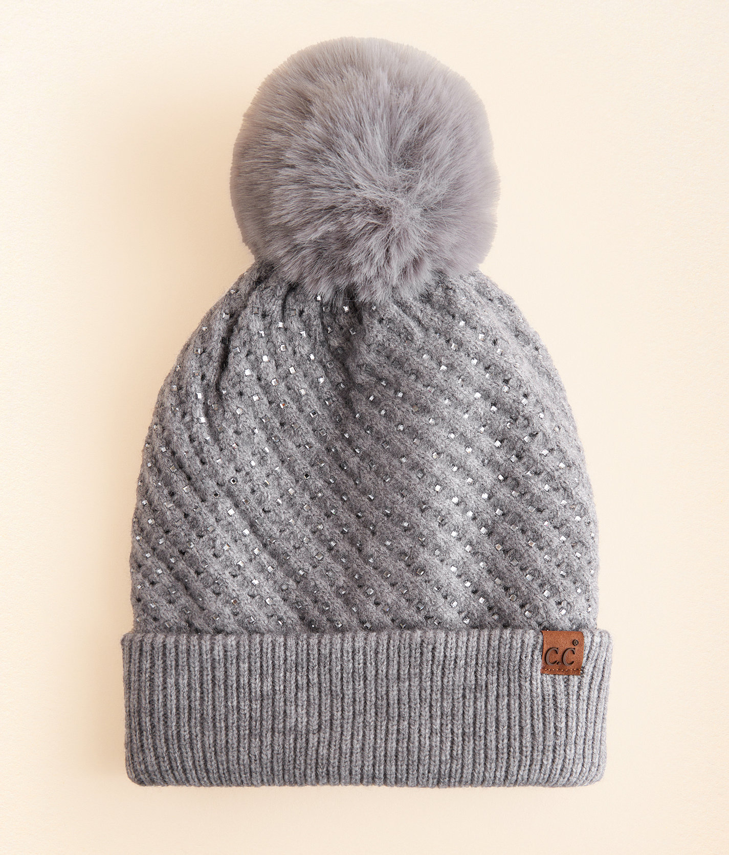 C.C® Rhinestone Pom Beanie - Women's Hats in Grey