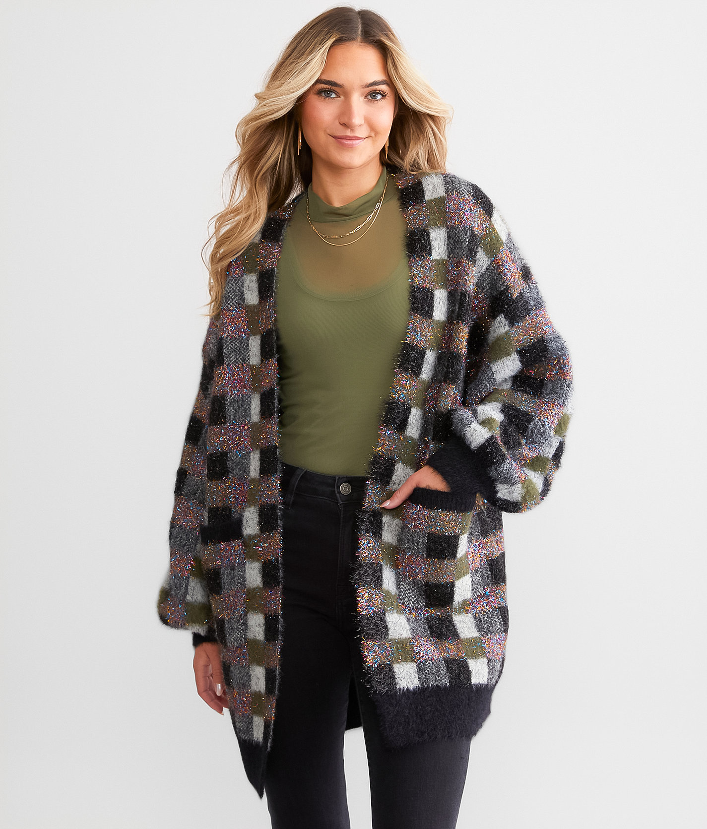 Rain + Rose Tinsel Checkered Cardigan Sweater - Women's Sweaters in Multi