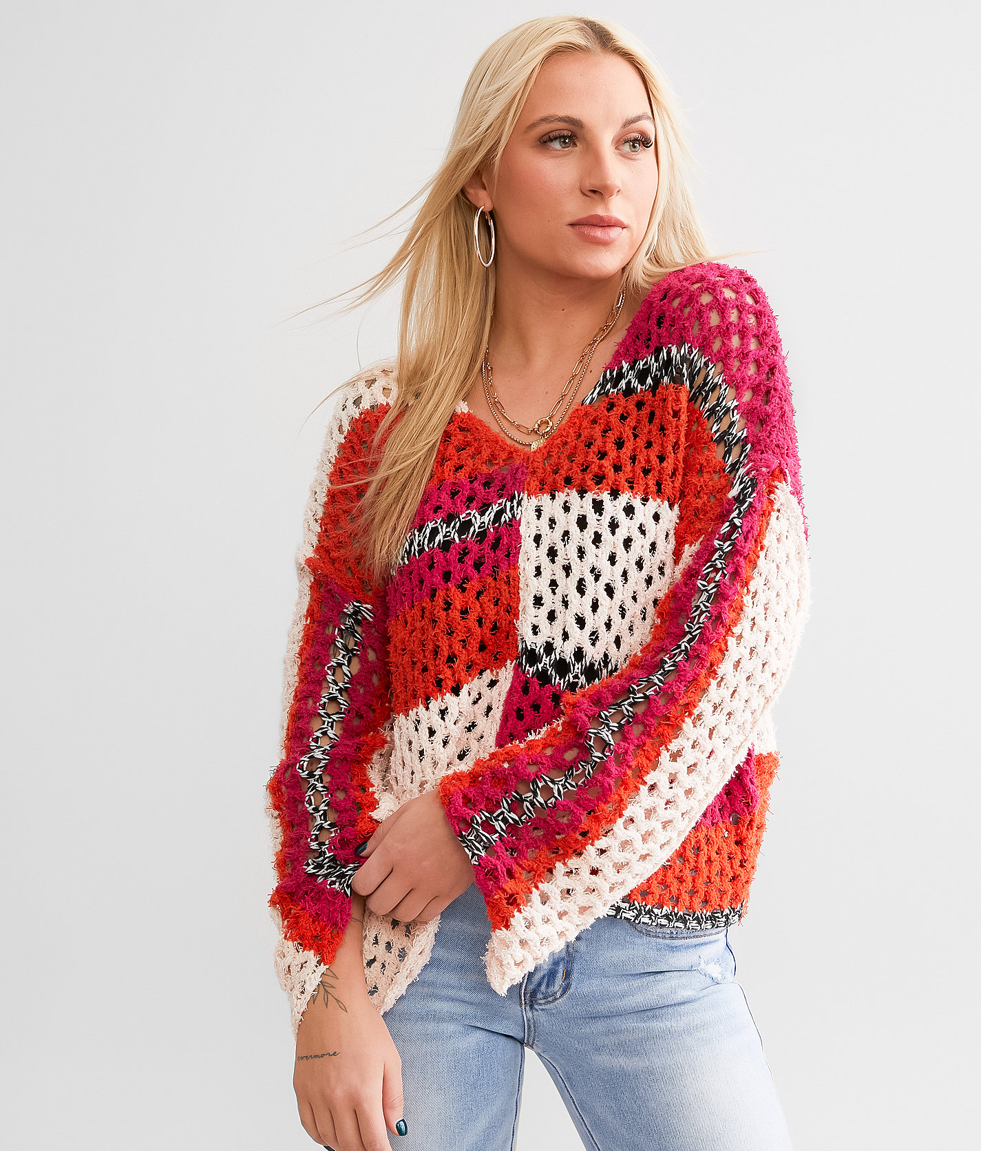 Willow & Root Color Block Sweater - Women's Sweaters in Cream Red Multi
