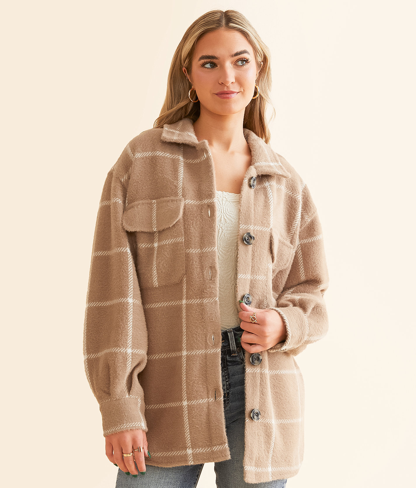 Z Supply Eyelash Plaid Shacket - Women's Coats & Jackets in Heather Taupe