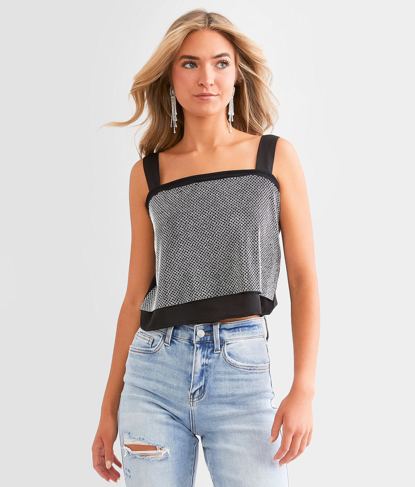 Blue B Rhinestone Cropped Tank Top - Women's Tank Tops in Black