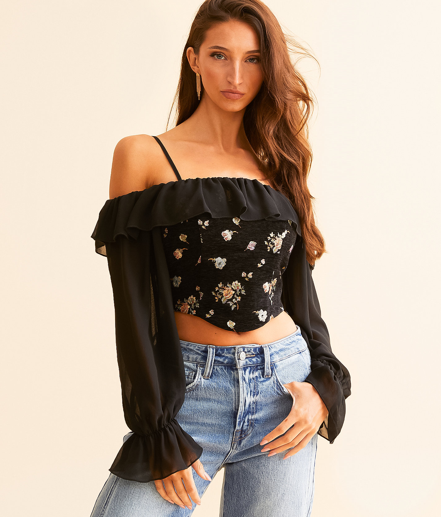 Willow & Root Metallic Floral Cold Shoulder Top - Women's Shirts & Blouses in Black