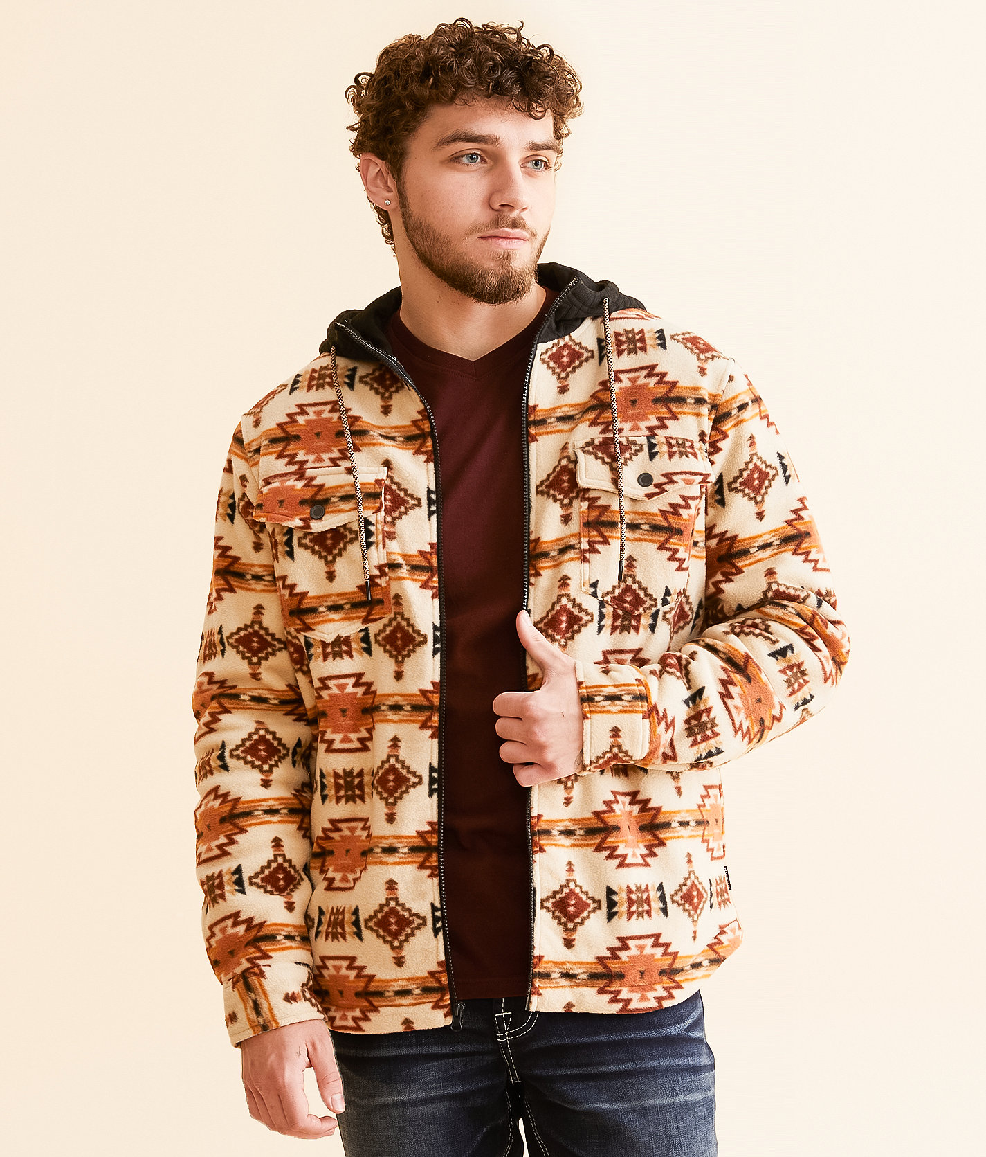 Departwest Southwestern Fleece Hooded Shacket - Men's Coats & Jackets in Oatmeal