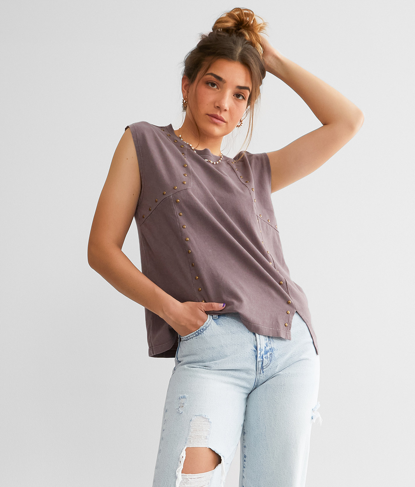 Gilded Intent Studded Muscle Tank Top - Women's Tank Tops in Peppercorn