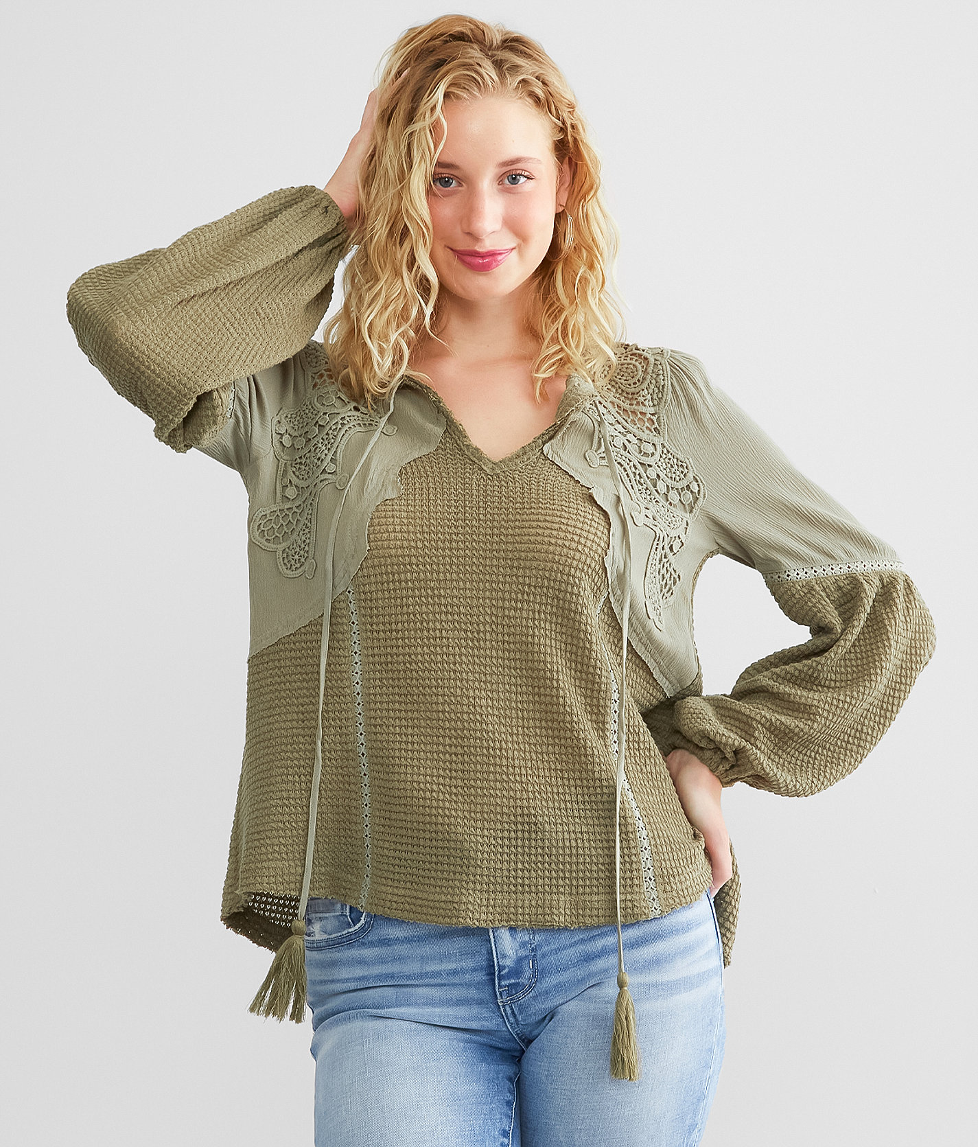 Miss Me Waffle Knit Top - Women's Shirts & Blouses in Moss Green